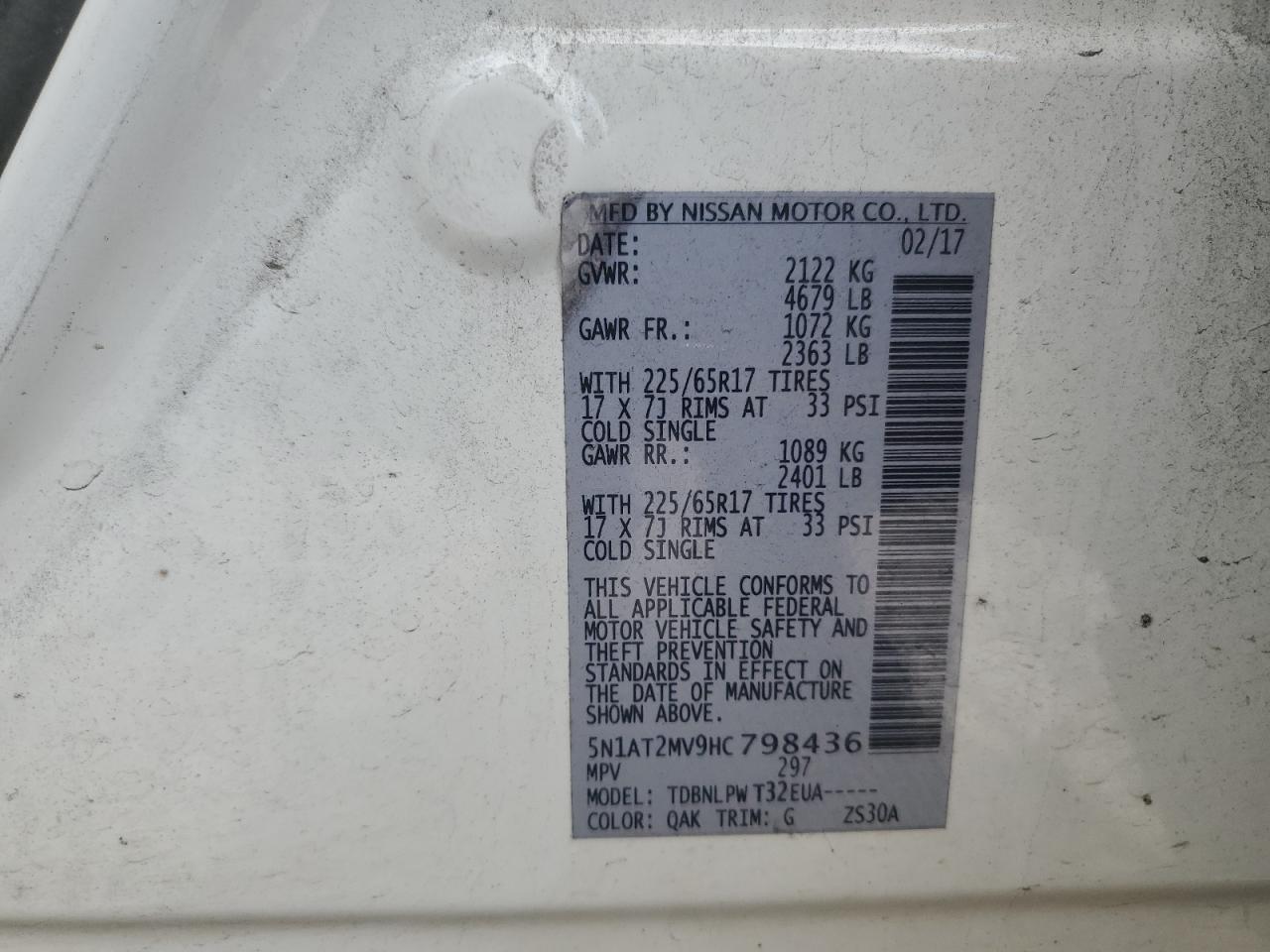 2017 Nissan Rogue Sv VIN: 5N1AT2MV9HC798436 Lot: 80557915