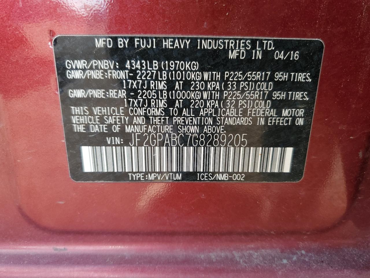 2016 Subaru Crosstrek Premium VIN: JF2GPABC7G8289205 Lot: 81081605