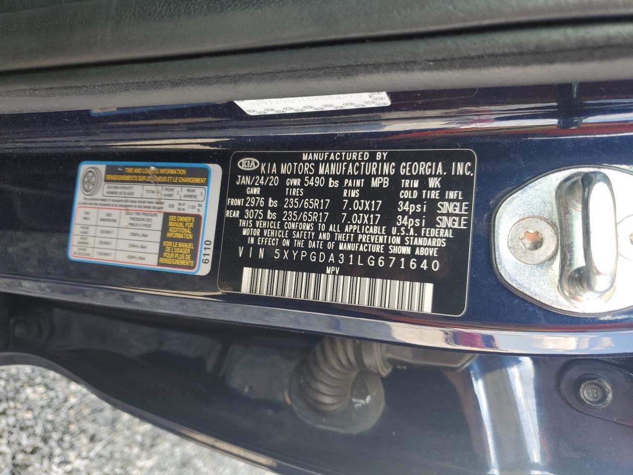 2020 Kia Sorento L VIN: 5XYPGDA31LG671640 Lot: 81290975