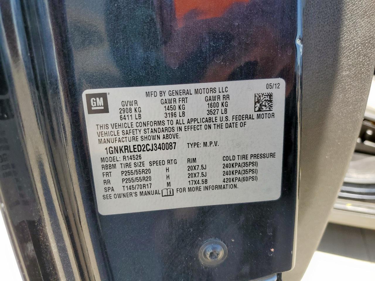 2012 Chevrolet Traverse Ltz VIN: 1GNKRLED2CJ340087 Lot: 72054655