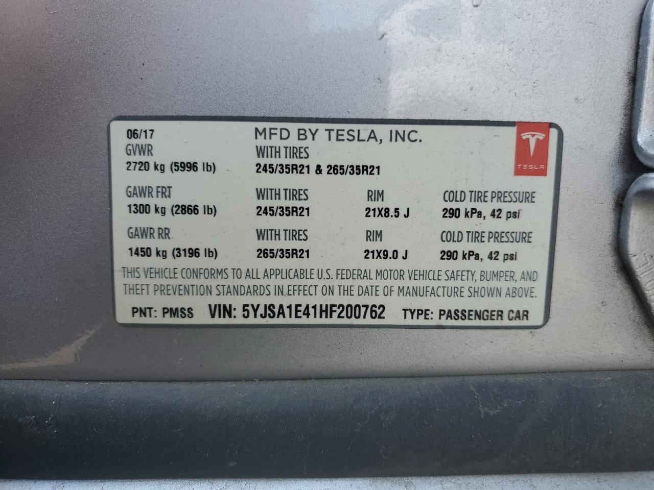 2017 Tesla Model S VIN: 5YJSA1E41HF200762 Lot: 71513725