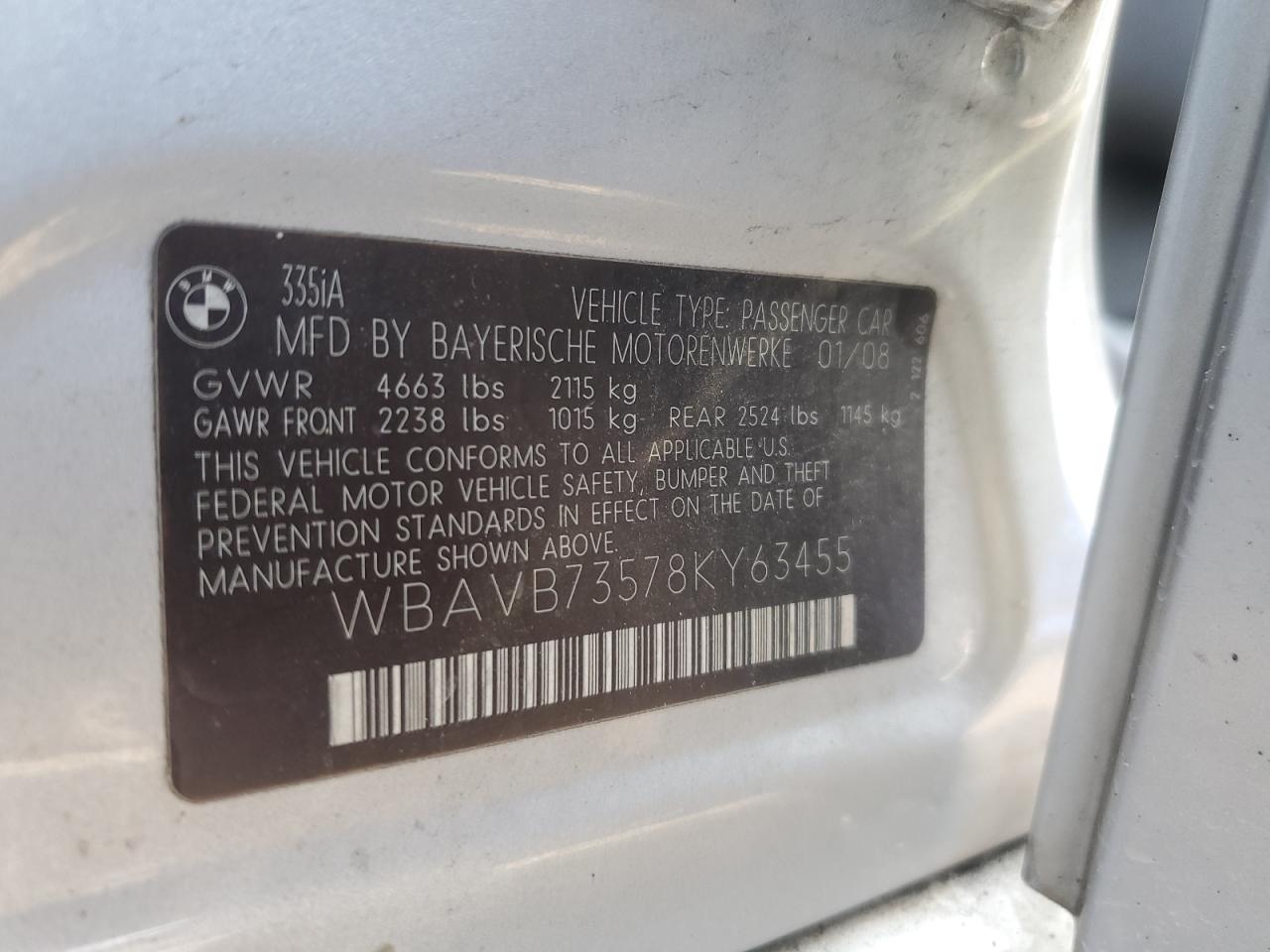 2008 BMW 335 I VIN: WBAVB73578KY63455 Lot: 71609175