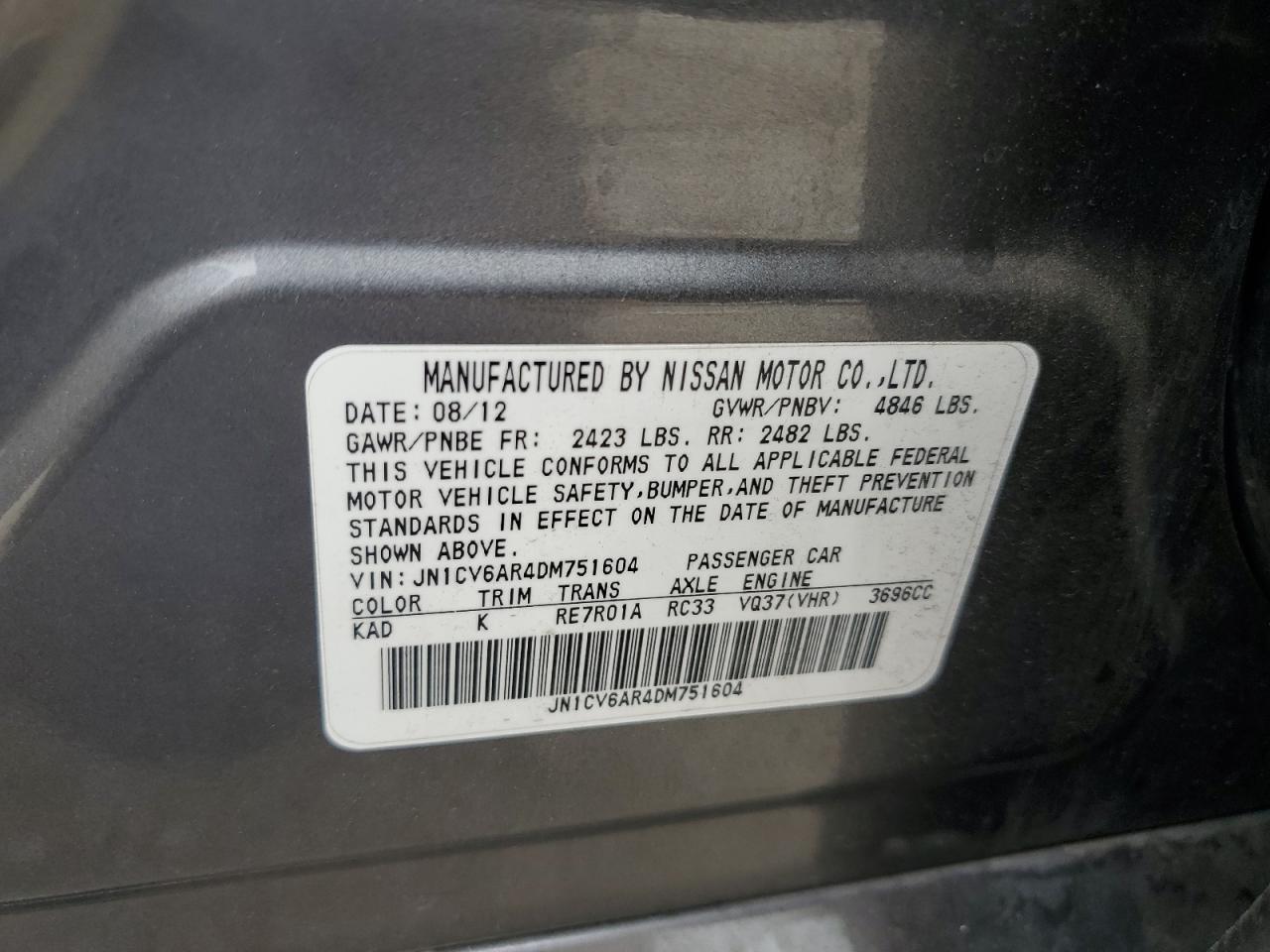 2013 Infiniti G37 VIN: JN1CV6AR4DM751604 Lot: 81792605