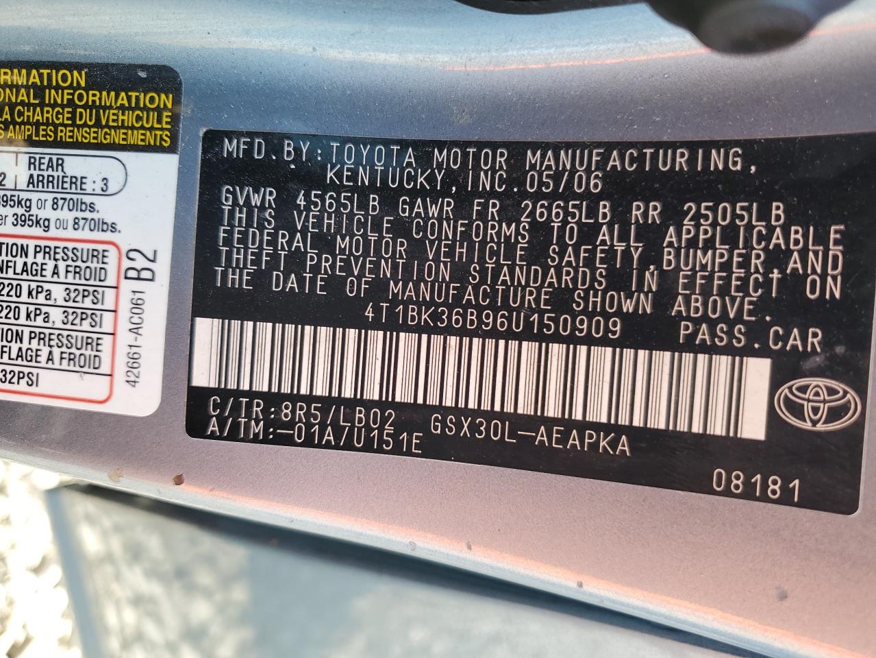 2006 Toyota Avalon VIN: 4T1BK36B96U150909 Lot: 80211065