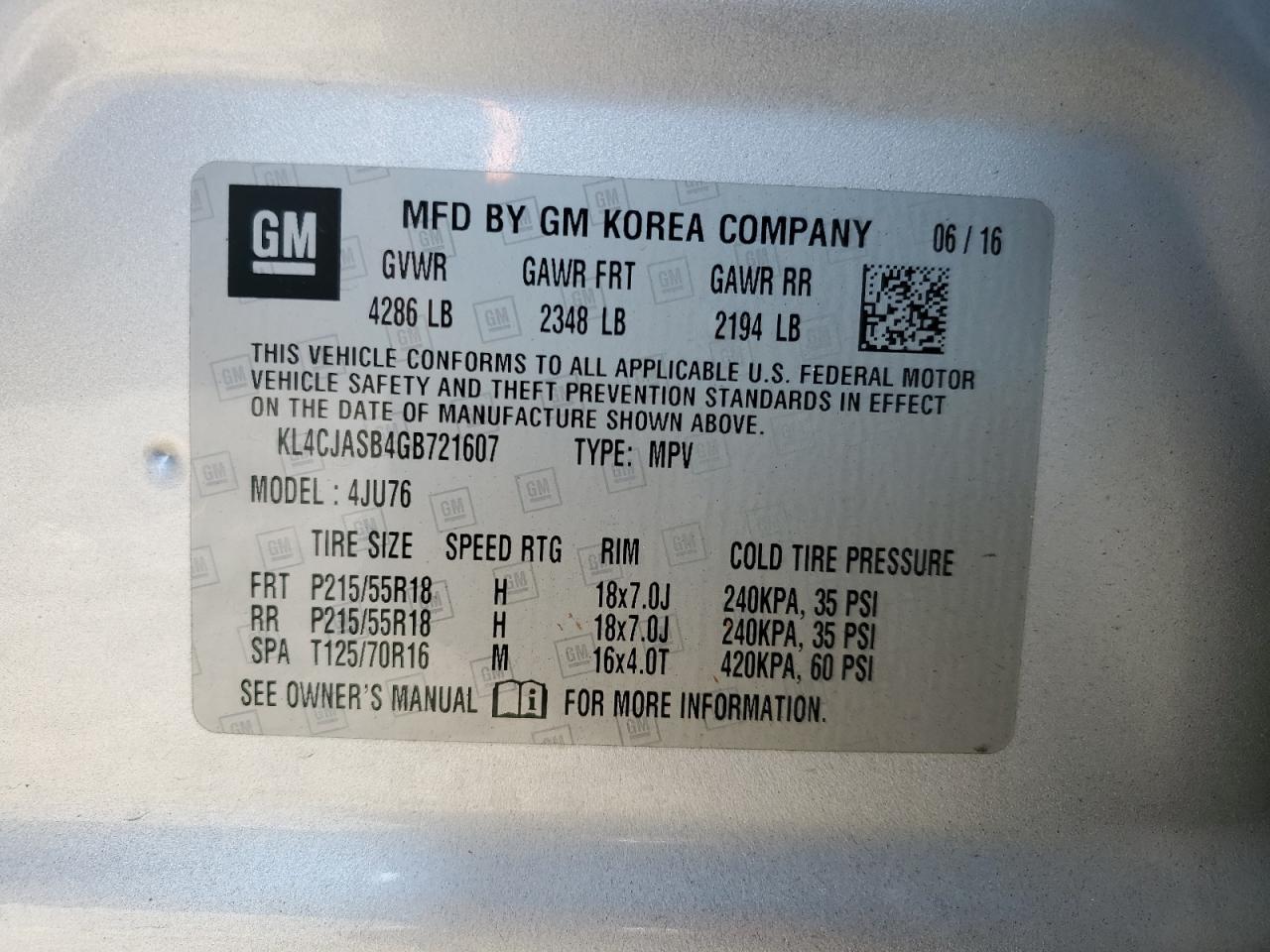 2016 Buick Encore VIN: KL4CJASB4GB721607 Lot: 81689255