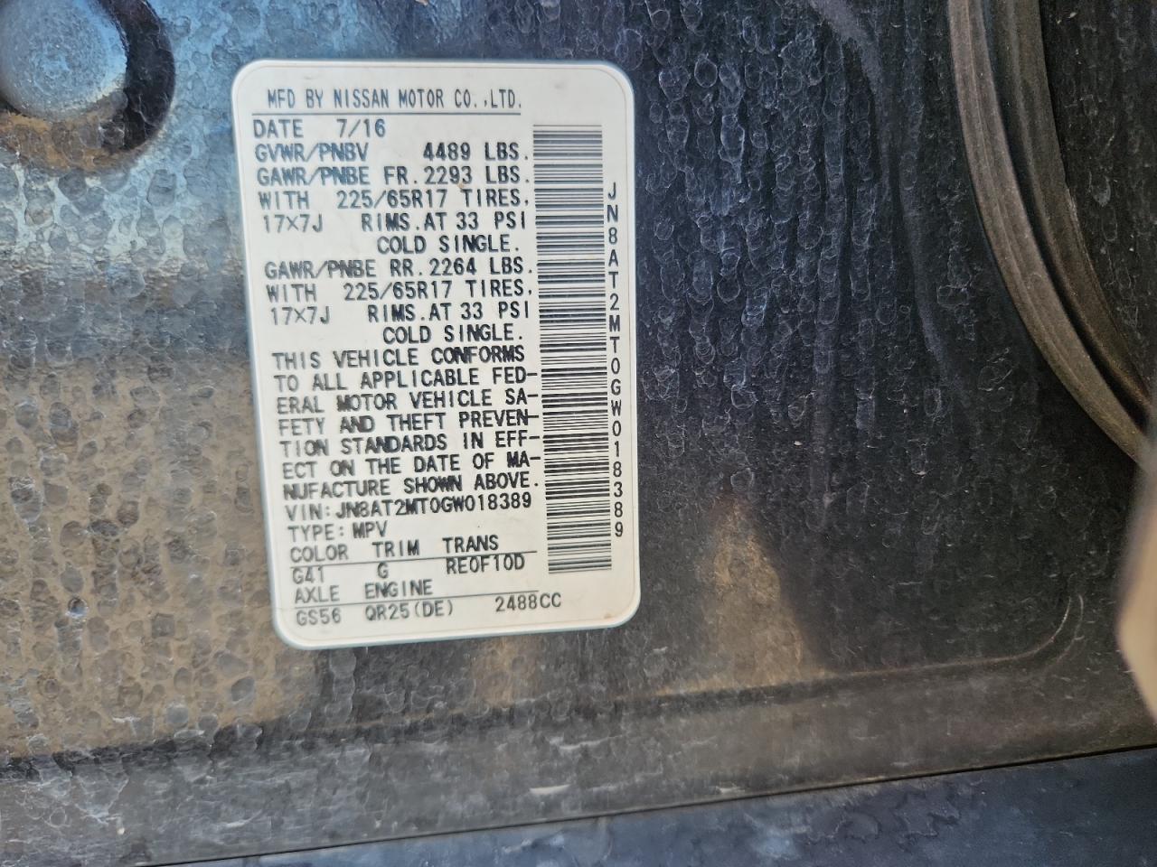 2016 Nissan Rogue S VIN: JN8AT2MT0GW018389 Lot: 80960265