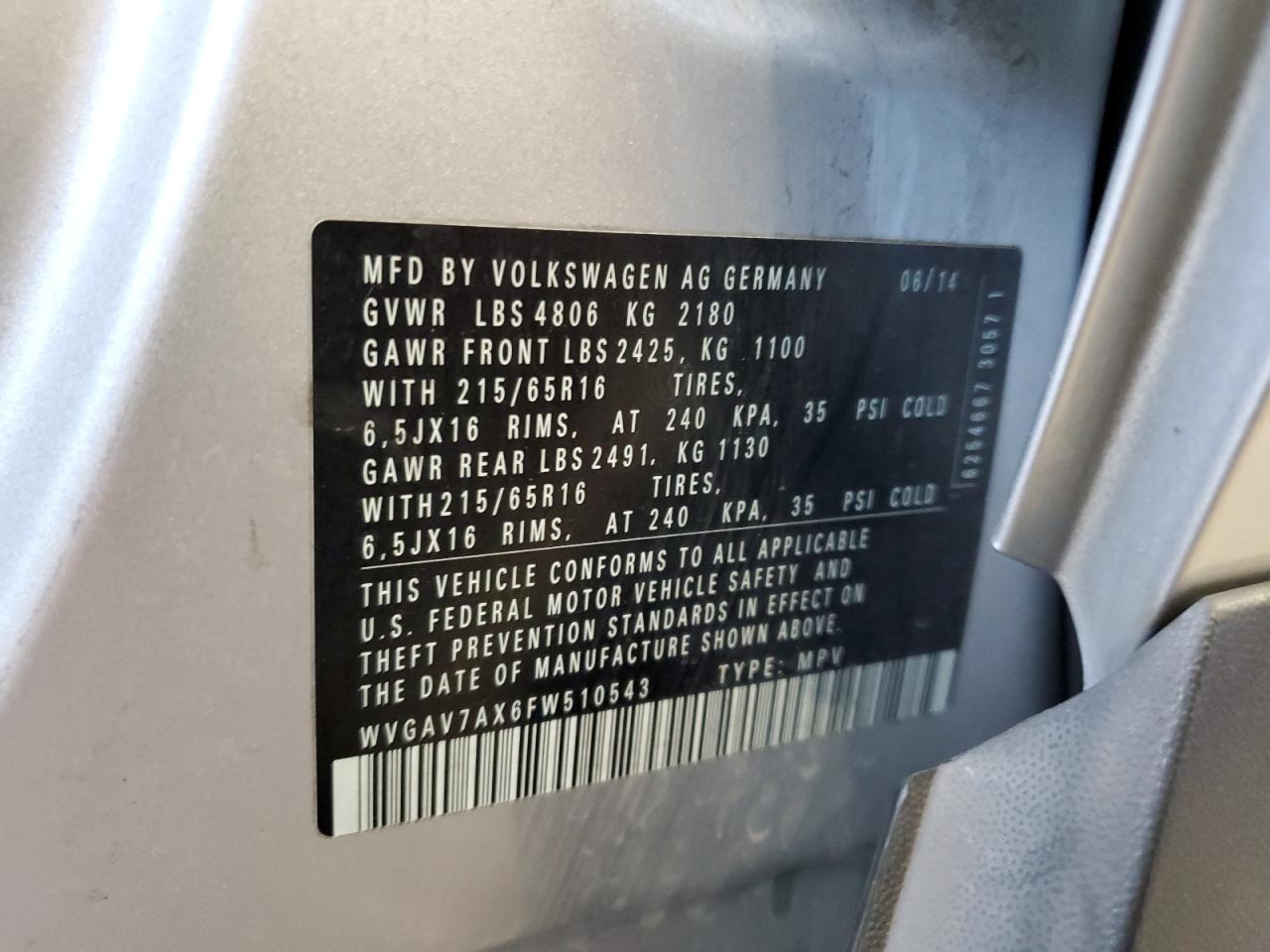 2015 Volkswagen Tiguan S VIN: WVGAV7AX6FW510543 Lot: 81043455
