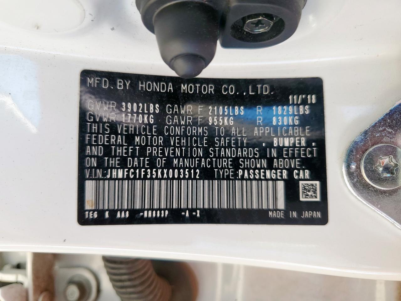 2019 Honda Civic Ex VIN: JHMFC1F35KX003512 Lot: 81743055