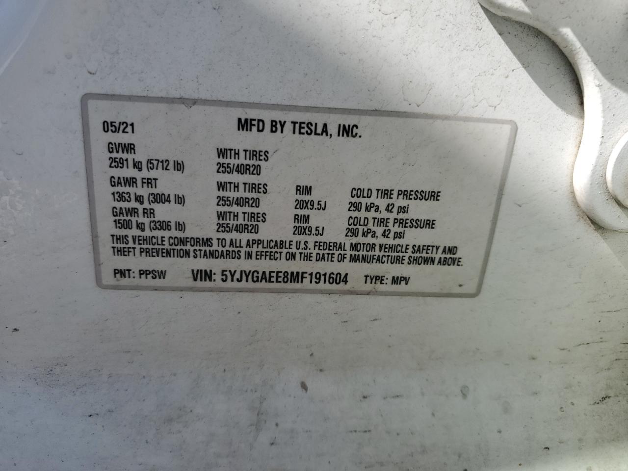 2021 Tesla Model Y VIN: 5YJYGAEE8MF191604 Lot: 82145545