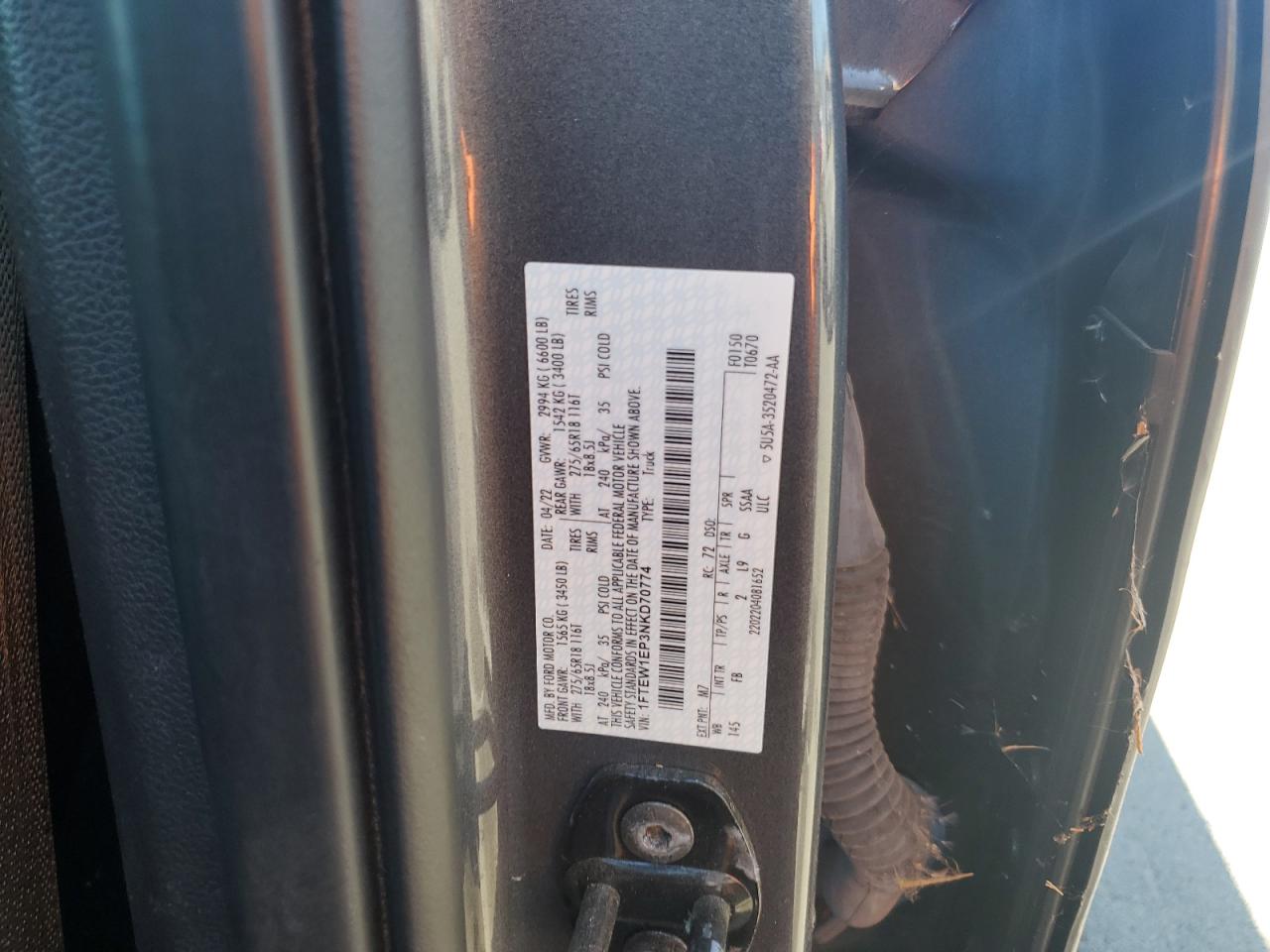 2022 Ford F150 Supercrew VIN: 1FTEW1EP3NKD70774 Lot: 84235545