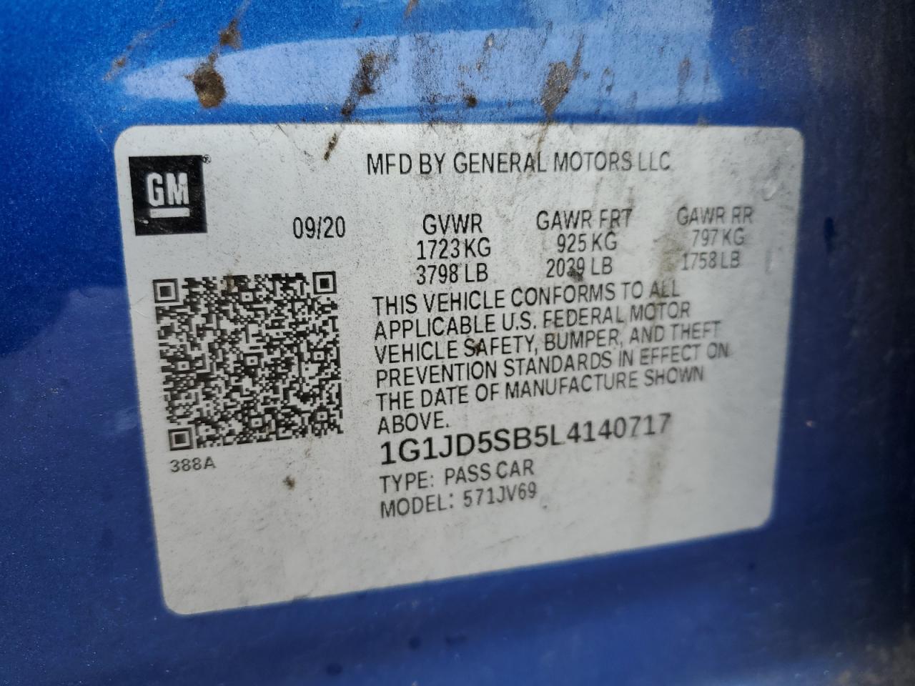 2020 Chevrolet Sonic Lt VIN: 1G1JD5SB5L4140717 Lot: 80209685