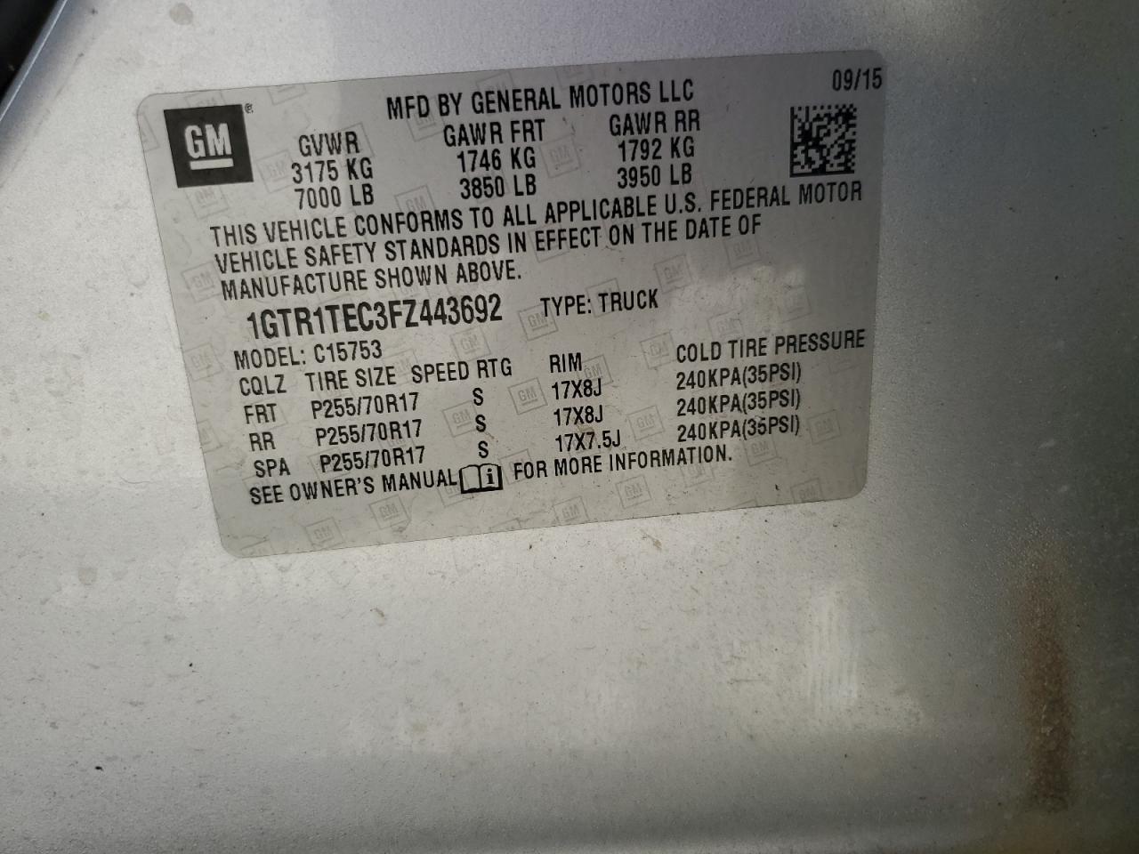 2015 GMC Sierra C1500 VIN: 1GTR1TEC3FZ443692 Lot: 72041895