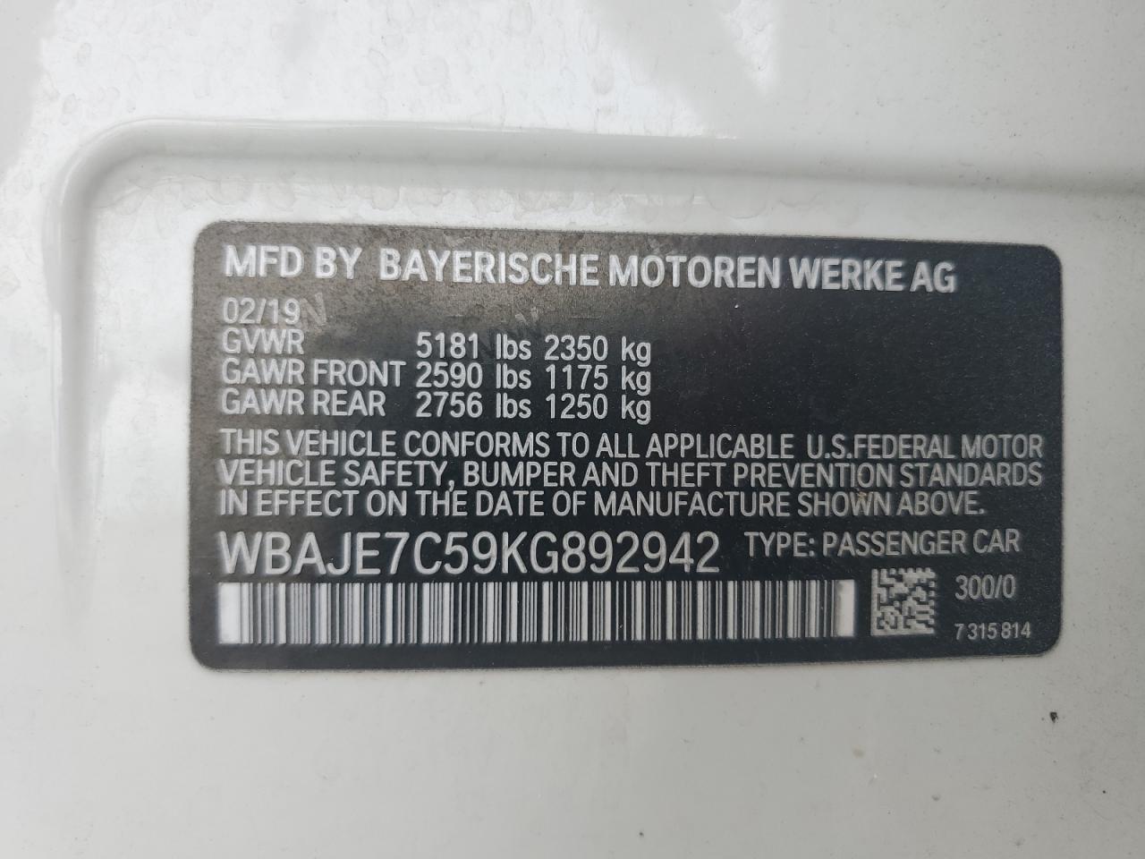 2019 BMW 540 Xi VIN: WBAJE7C59KG892942 Lot: 81027175