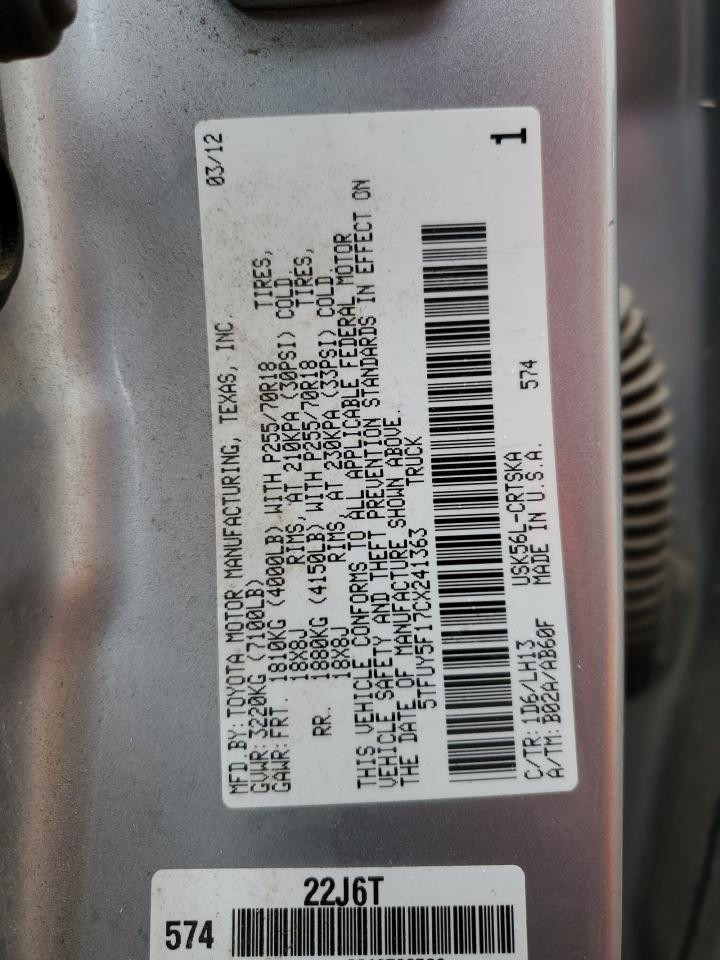 2012 Toyota Tundra Double Cab Sr5 VIN: 5TFUY5F17CX241363 Lot: 82054195