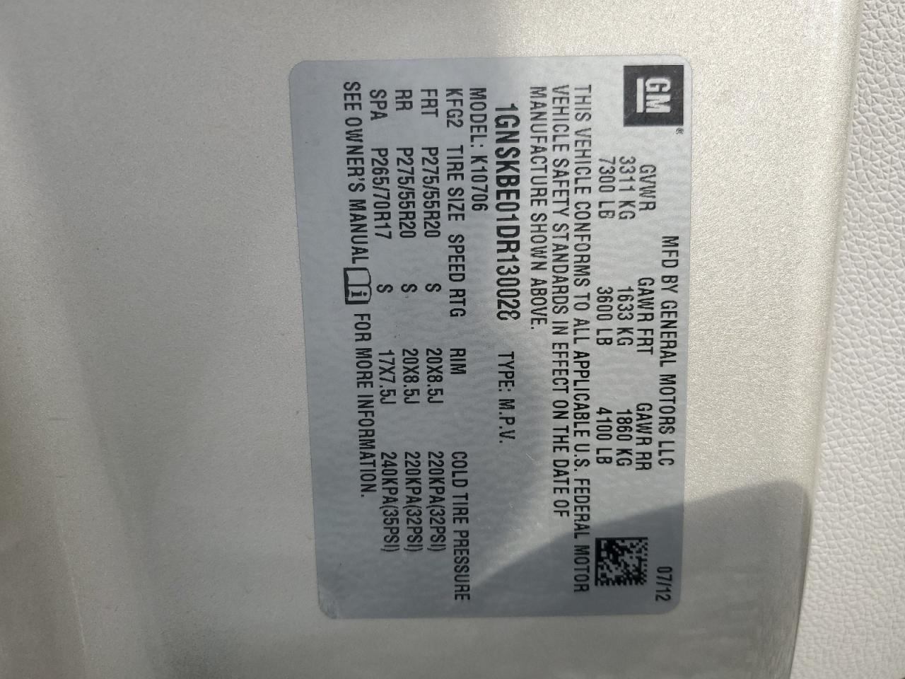 2013 Chevrolet Tahoe K1500 Lt VIN: 1GNSKBE01DR130028 Lot: 71043295