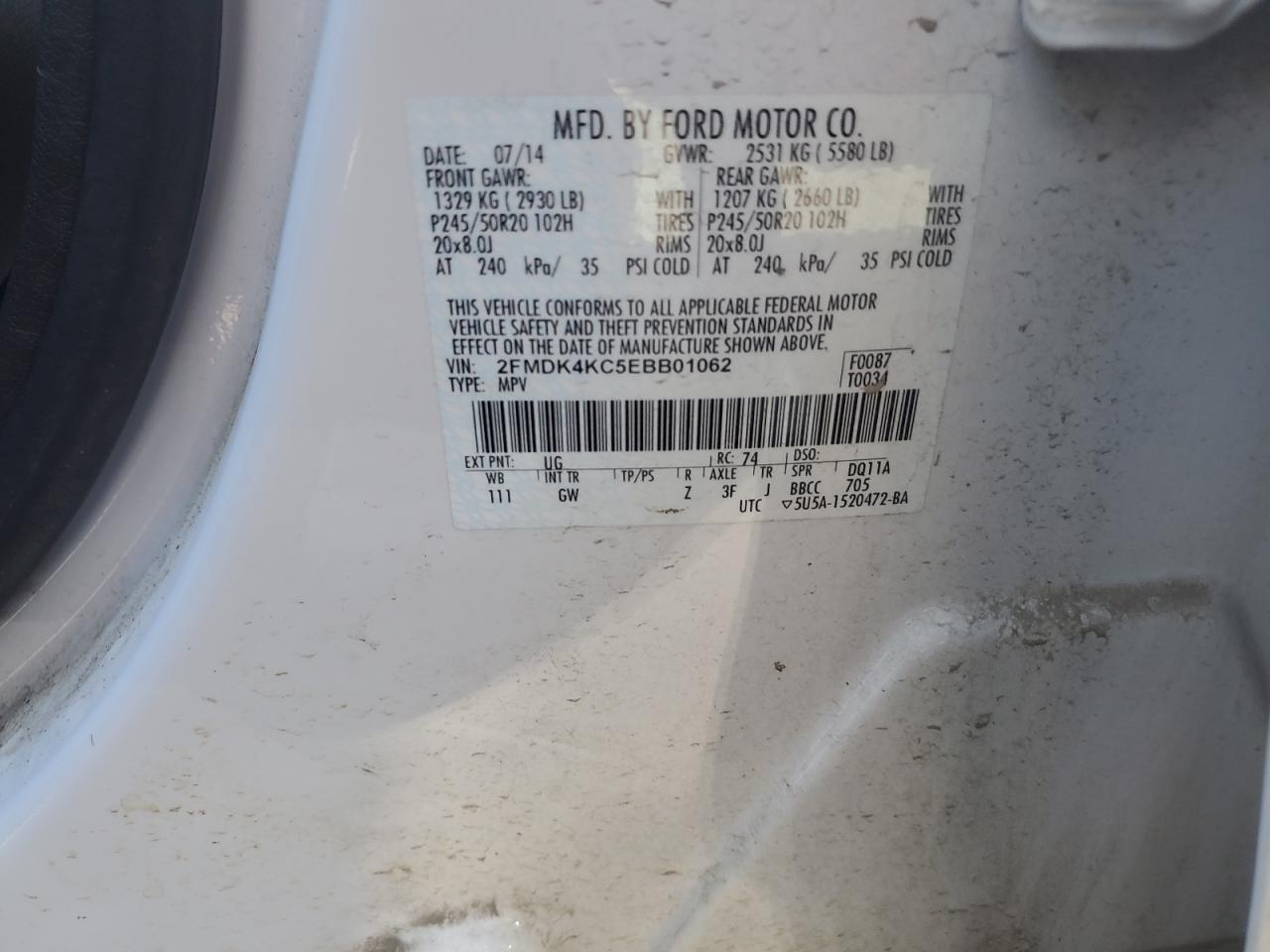 2014 Ford Edge Limited VIN: 2FMDK4KC5EBB01062 Lot: 80614065