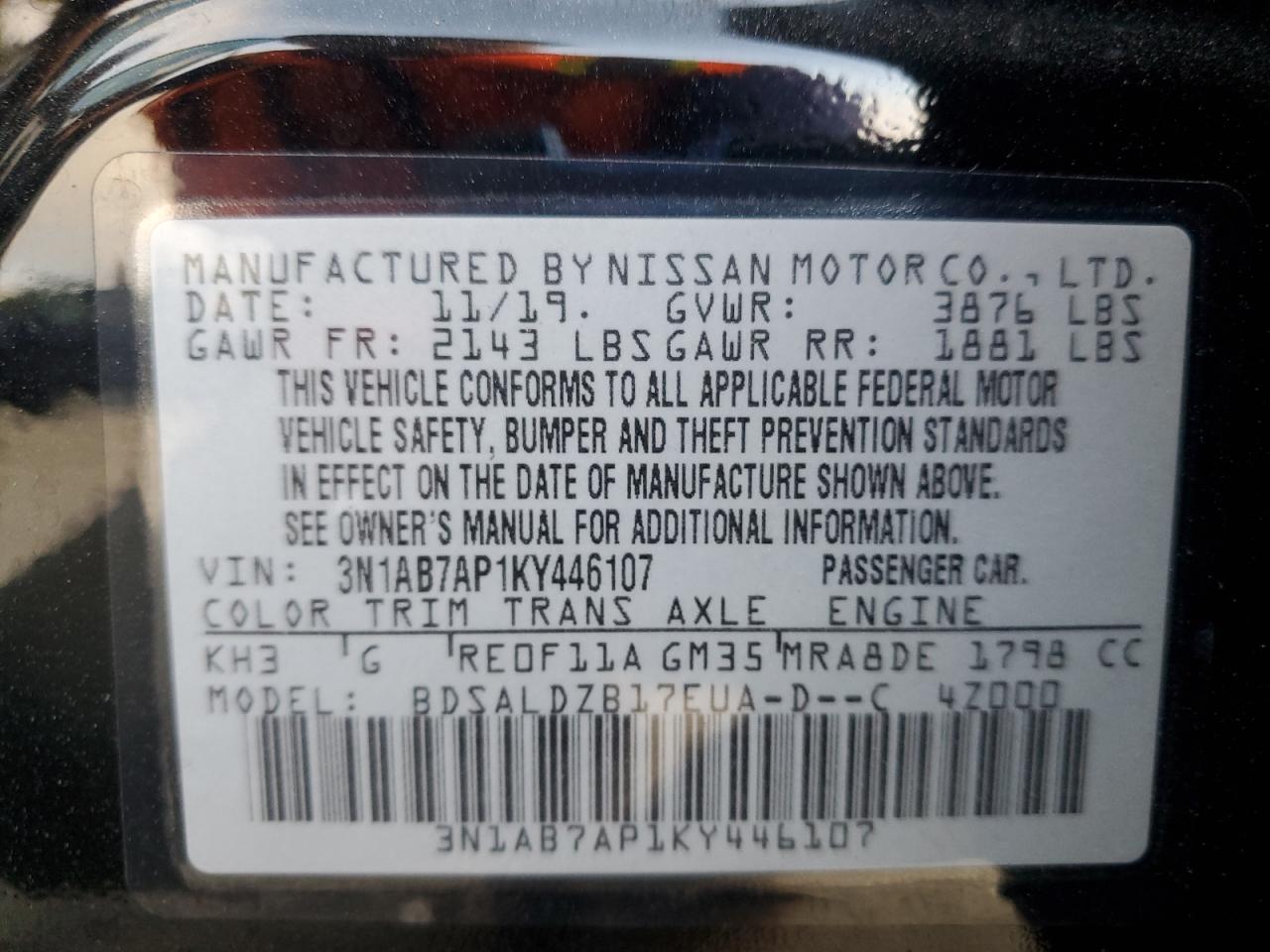 2019 Nissan Sentra S VIN: 3N1AB7AP1KY446107 Lot: 83929075