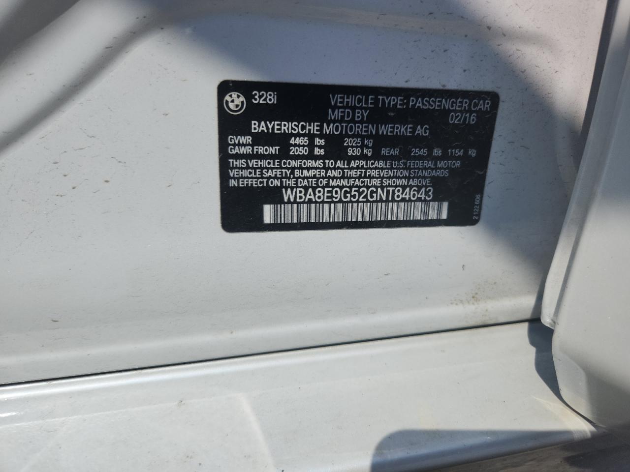 2016 BMW 328 I Sulev VIN: WBA8E9G52GNT84643 Lot: 81270395