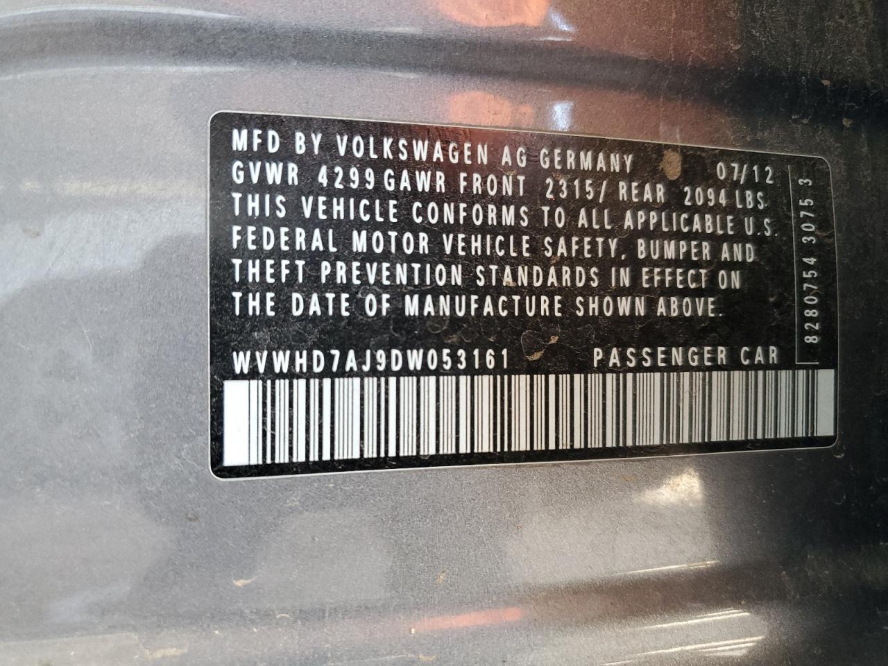 2013 Volkswagen Gti VIN: WVWHD7AJ9DW053161 Lot: 80012205