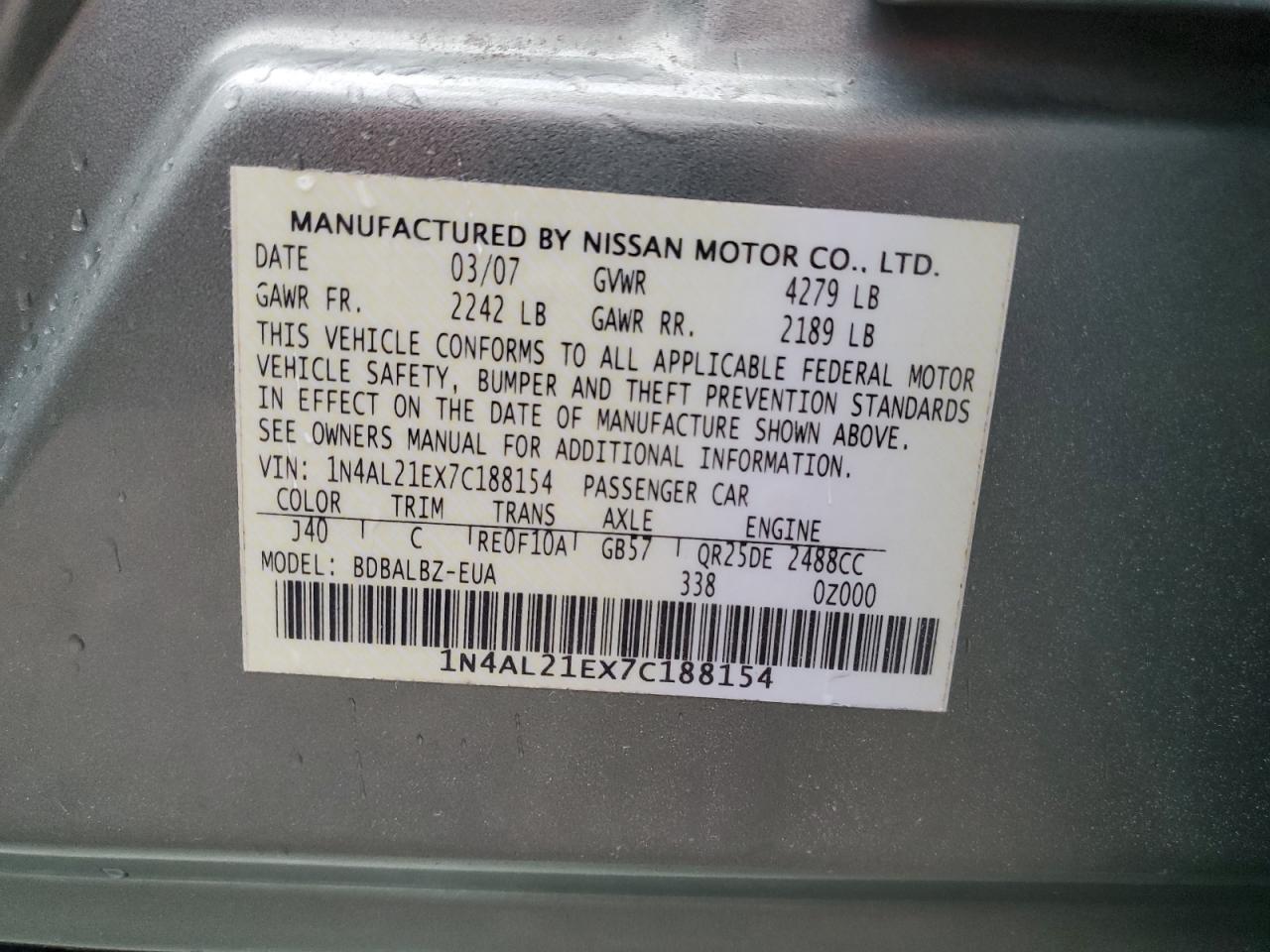 2007 Nissan Altima 2.5 VIN: 1N4AL21EX7C188154 Lot: 83801025