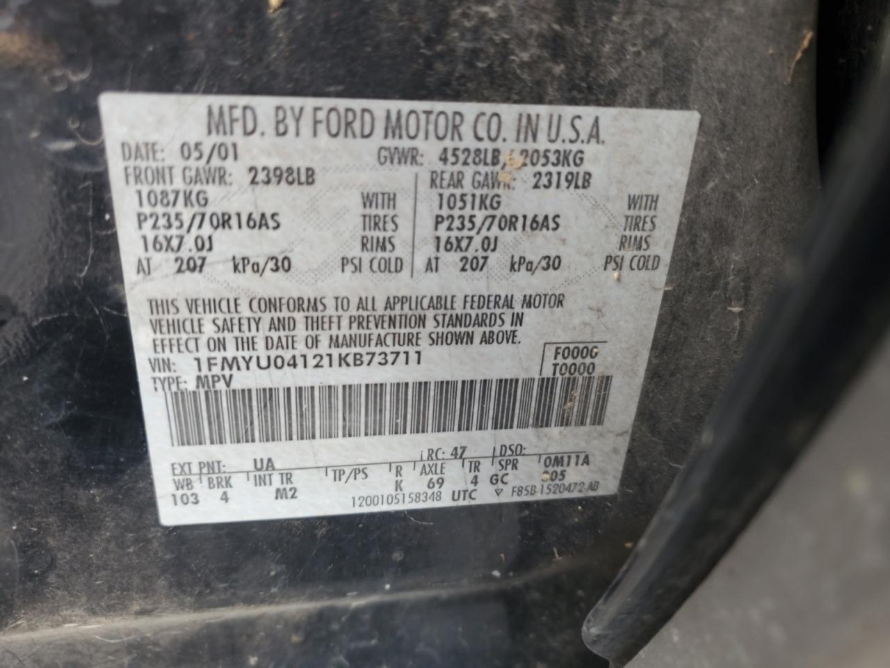 2001 Ford Escape Xlt VIN: 1FMYU04121KB73711 Lot: 71457865