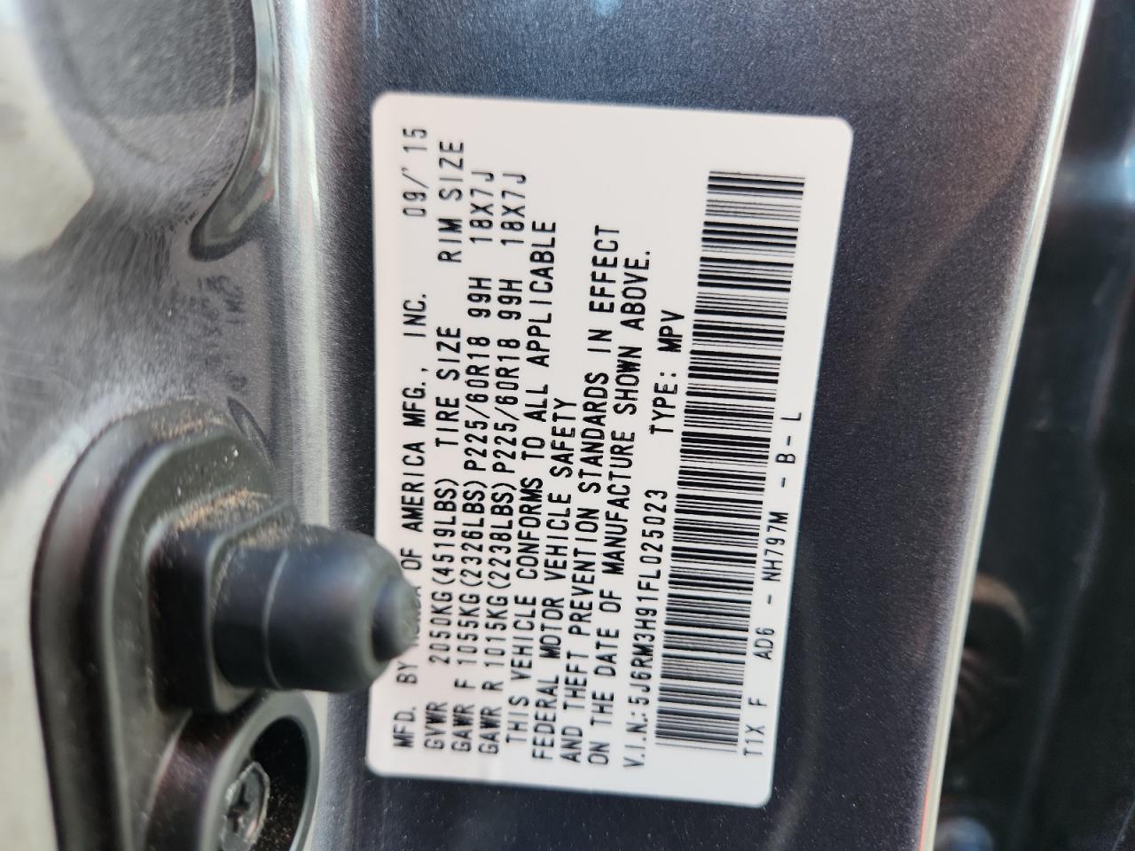 2015 Honda Cr-V Touring VIN: 5J6RM3H91FL025023 Lot: 71281835