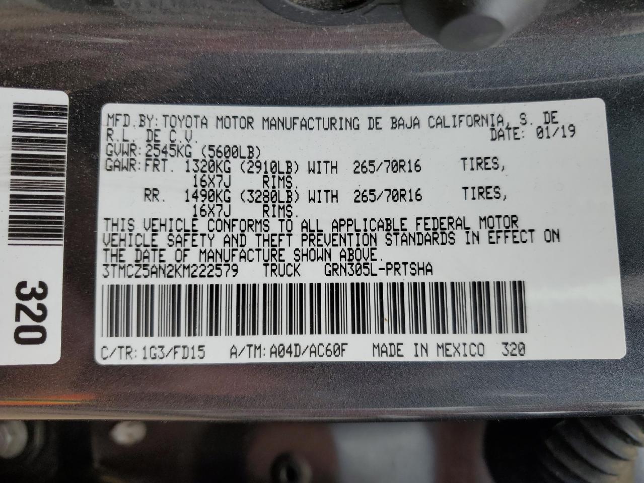 2019 Toyota Tacoma Double Cab VIN: 3TMCZ5AN2KM222579 Lot: 82163485