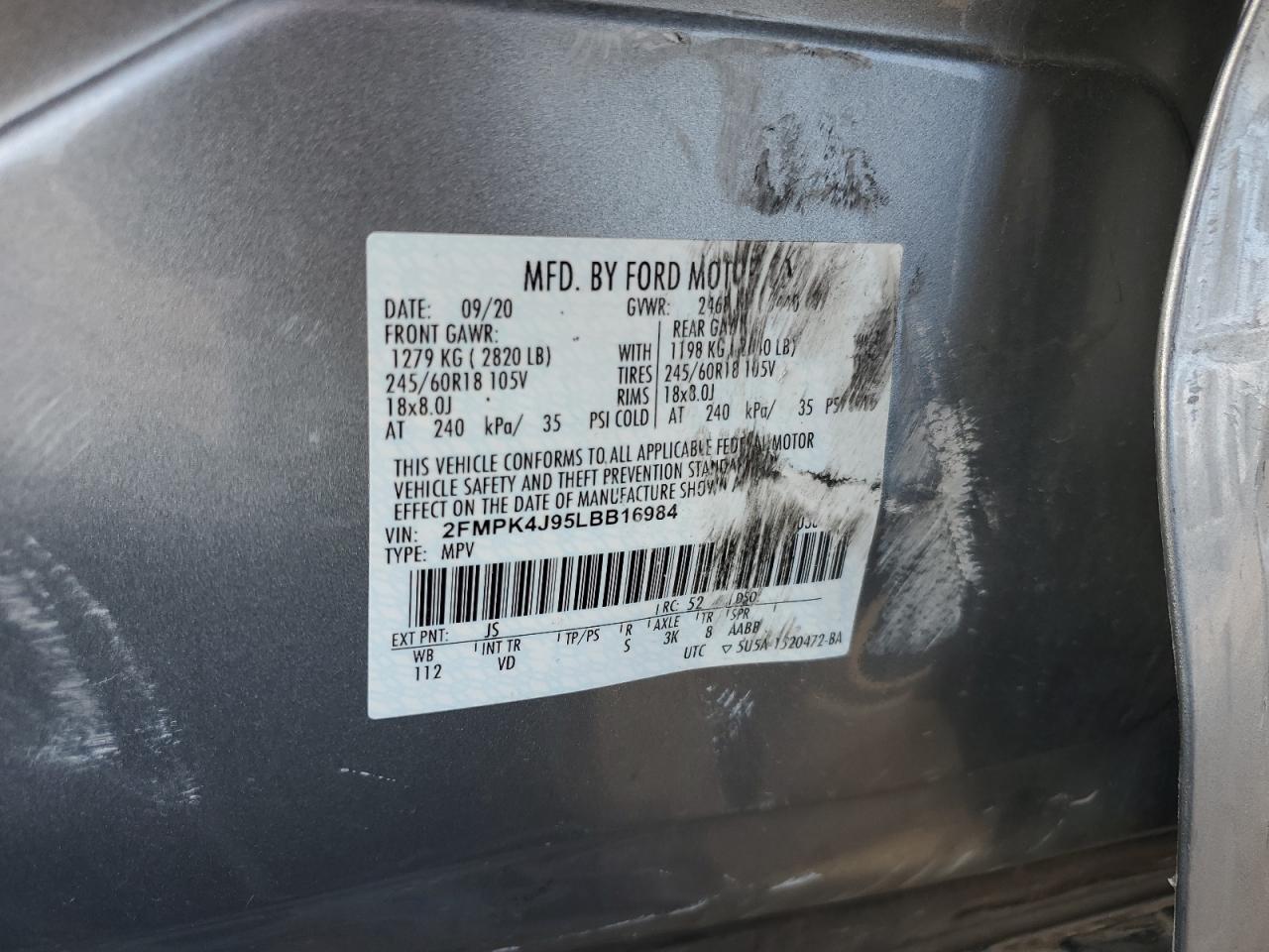 2020 Ford Edge Sel VIN: 2FMPK4J95LBB16984 Lot: 71210435