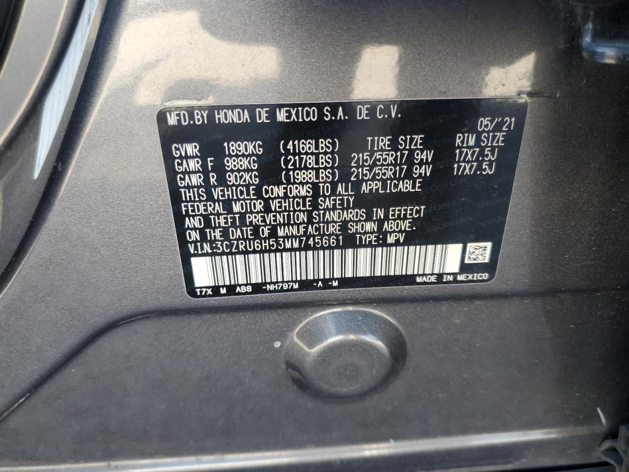 2021 Honda Hr-V Ex VIN: 3CZRU6H53MM745661 Lot: 71986255