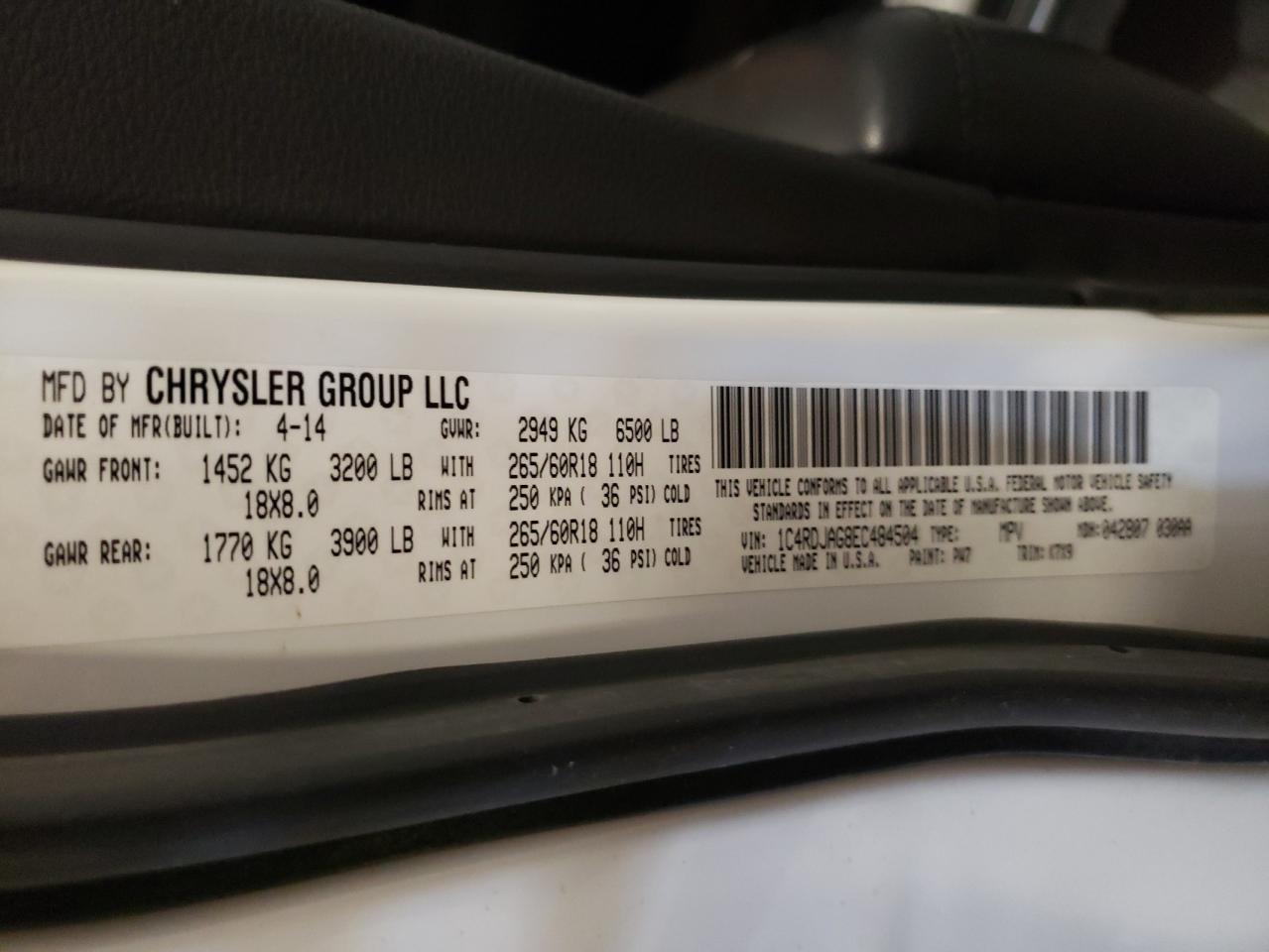 2014 Dodge Durango Sxt VIN: 1C4RDJAG8EC484504 Lot: 71208195