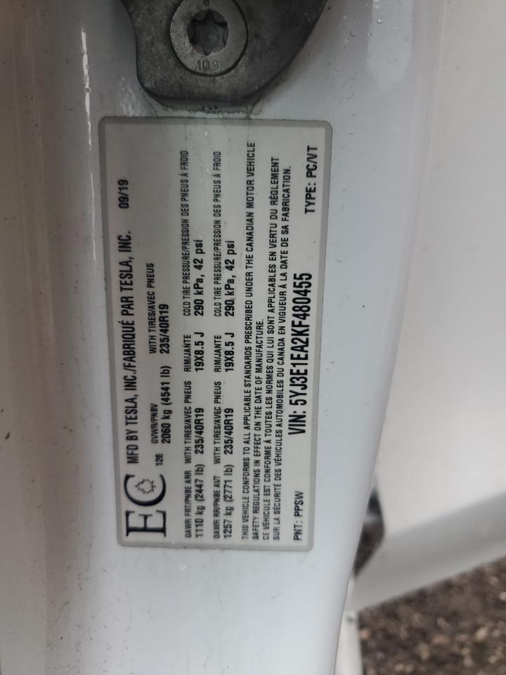 2019 Tesla Model 3 VIN: 5YJ3E1EA2KF480455 Lot: 83810895