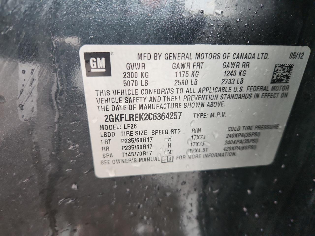 2012 GMC Terrain Sle VIN: 2GKFLREK2C6364257 Lot: 81487775