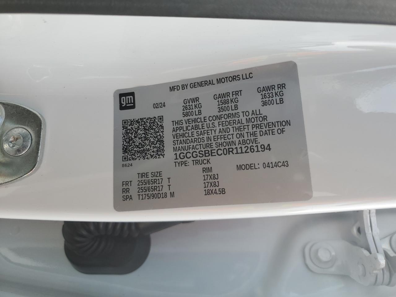 2024 Chevrolet Colorado VIN: 1GCGSBEC0R1126194 Lot: 84361395