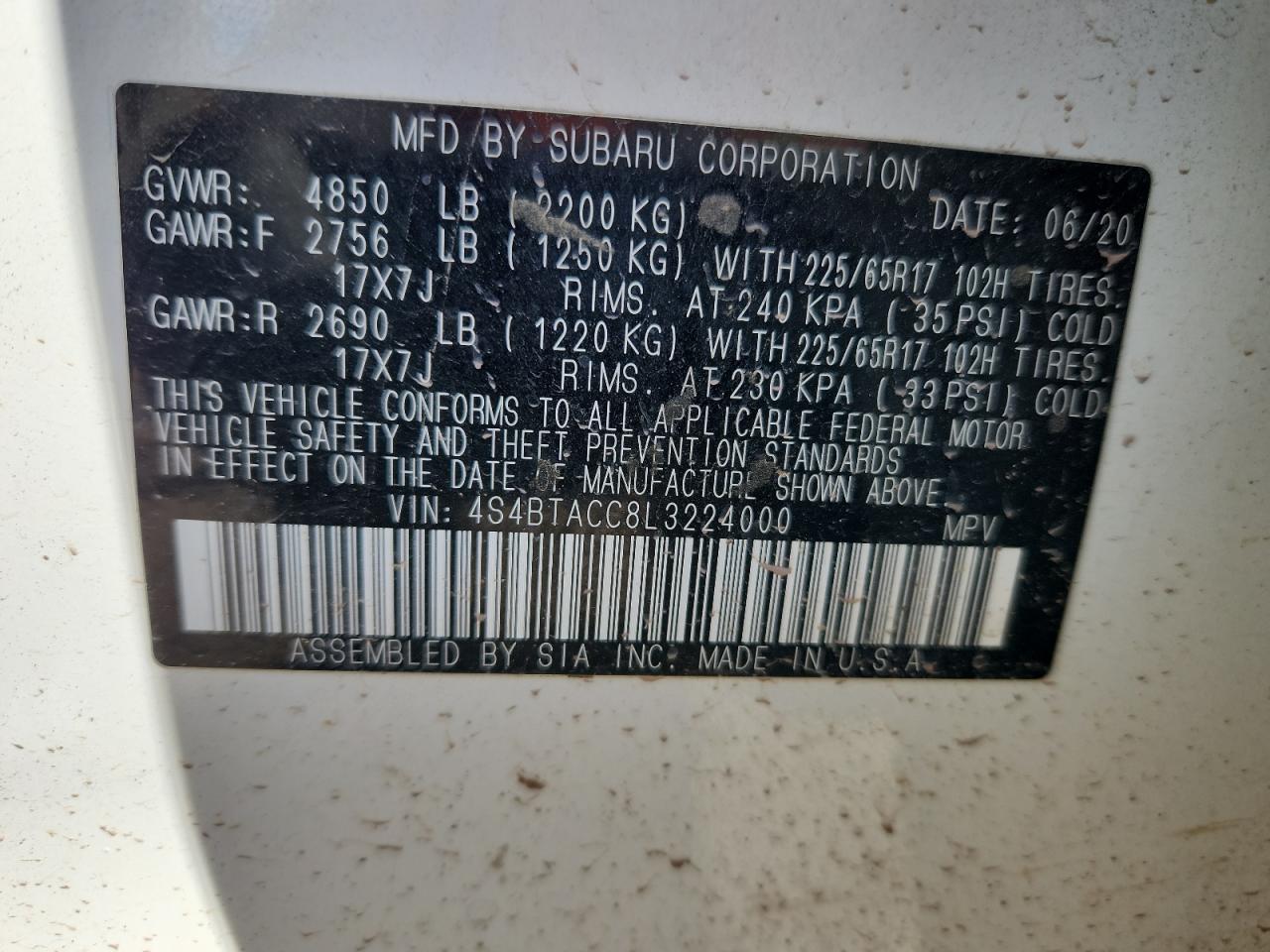 2020 Subaru Outback Premium VIN: 4S4BTACC8L3224000 Lot: 80856015