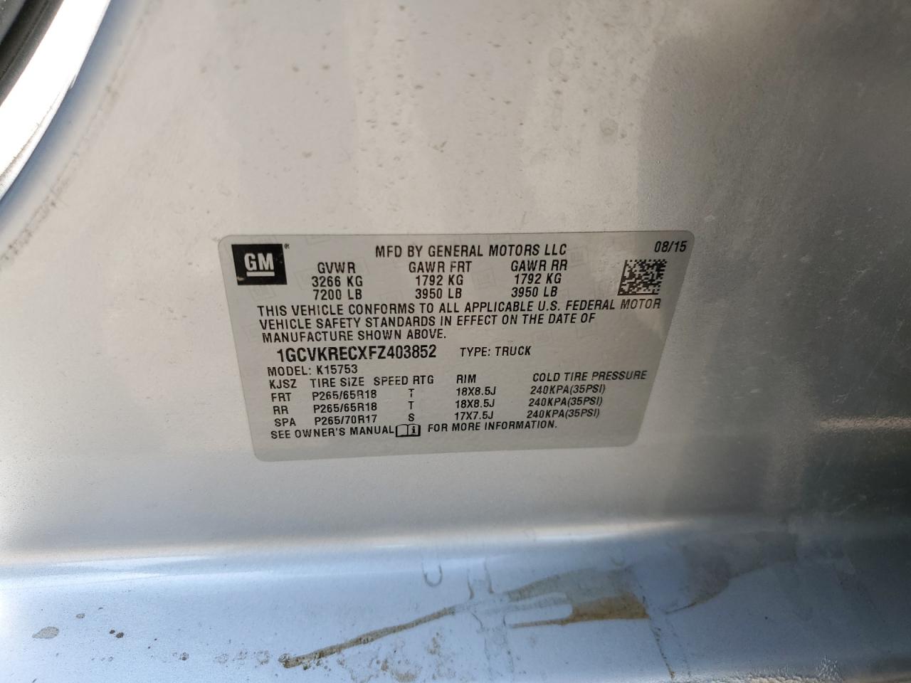 2015 Chevrolet Silverado K1500 Lt VIN: 1GCVKRECXFZ403852 Lot: 81324835