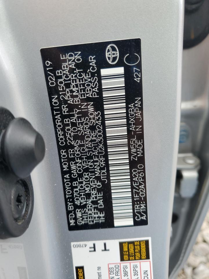 2019 Toyota Prius VIN: JTDL9RFU2K3002433 Lot: 84297415