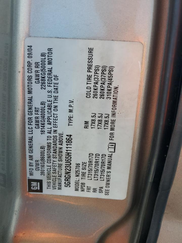 2005 Hummer H2 VIN: 5GRGN23U65H111864 Lot: 81324085