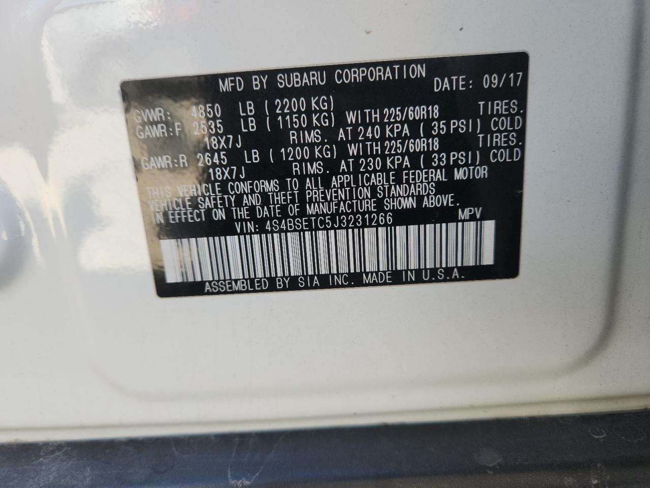 2018 Subaru Outback Touring VIN: 4S4BSETC5J3231266 Lot: 80528845