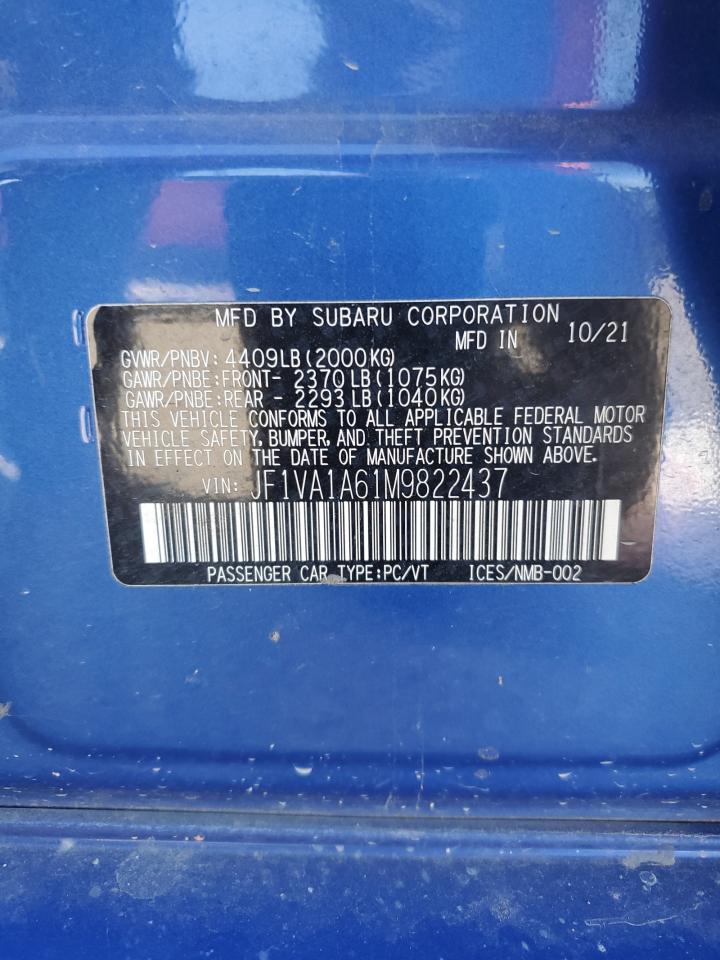 2021 Subaru Wrx VIN: JF1VA1A61M9822437 Lot: 81776875