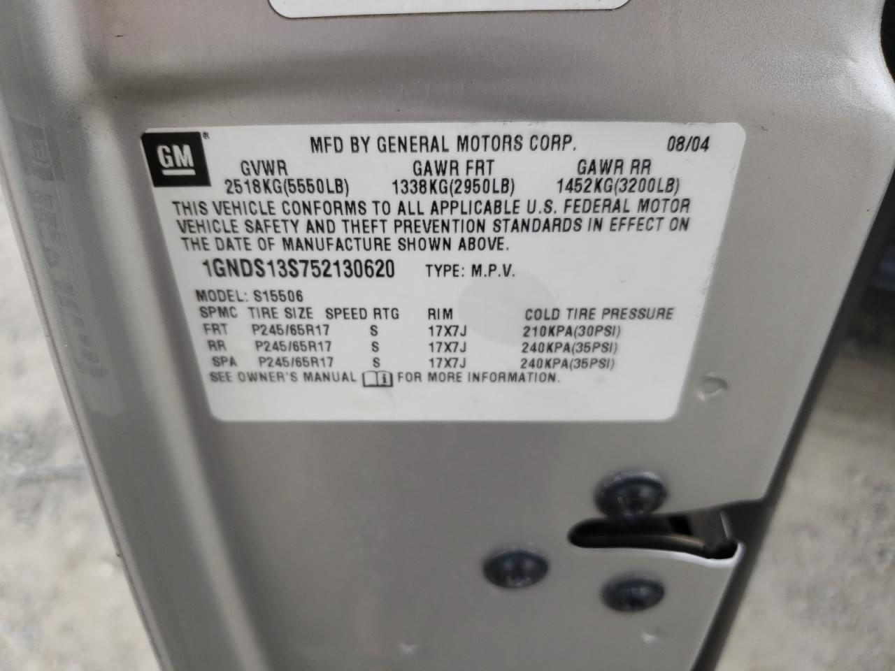 2005 Chevrolet Trailblazer Ls VIN: 1GNDS13S752130620 Lot: 81761335