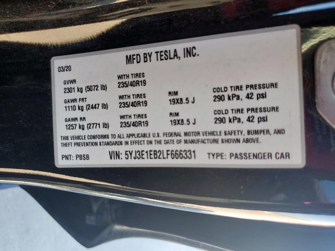 2020 Tesla Model 3 VIN: 5YJ3E1EB2LF666331 Lot: 84568145