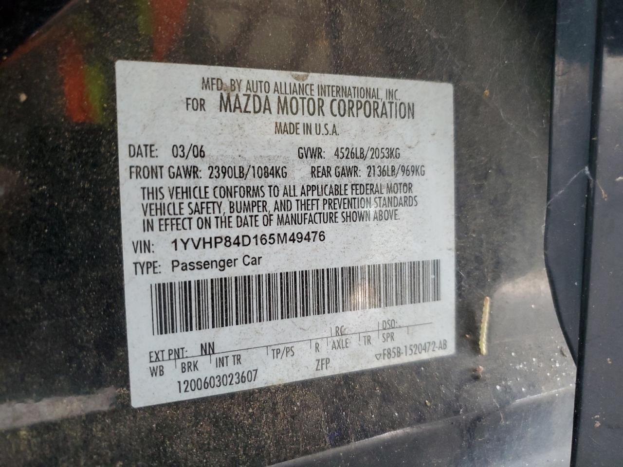 2006 Mazda 6 S VIN: 1YVHP84D165M49476 Lot: 81593535