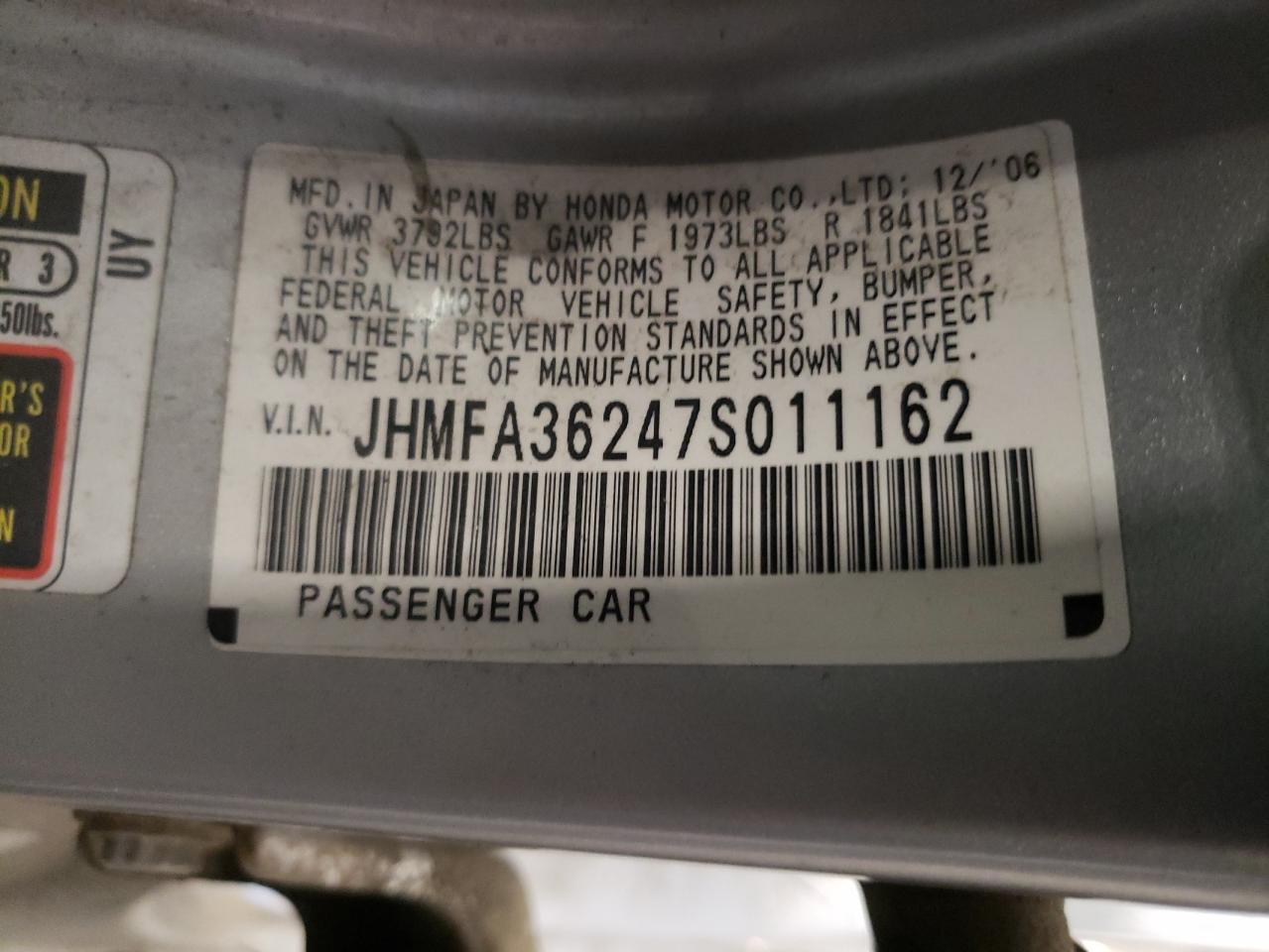 2007 Honda Civic Hybrid VIN: JHMFA36247S011162 Lot: 84605985