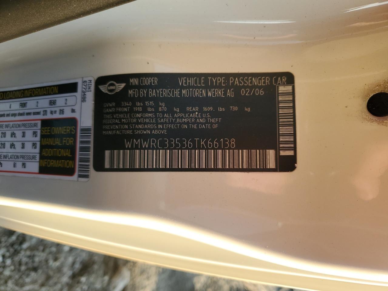 2006 Mini Cooper VIN: WMWRC33536TK66138 Lot: 81620335