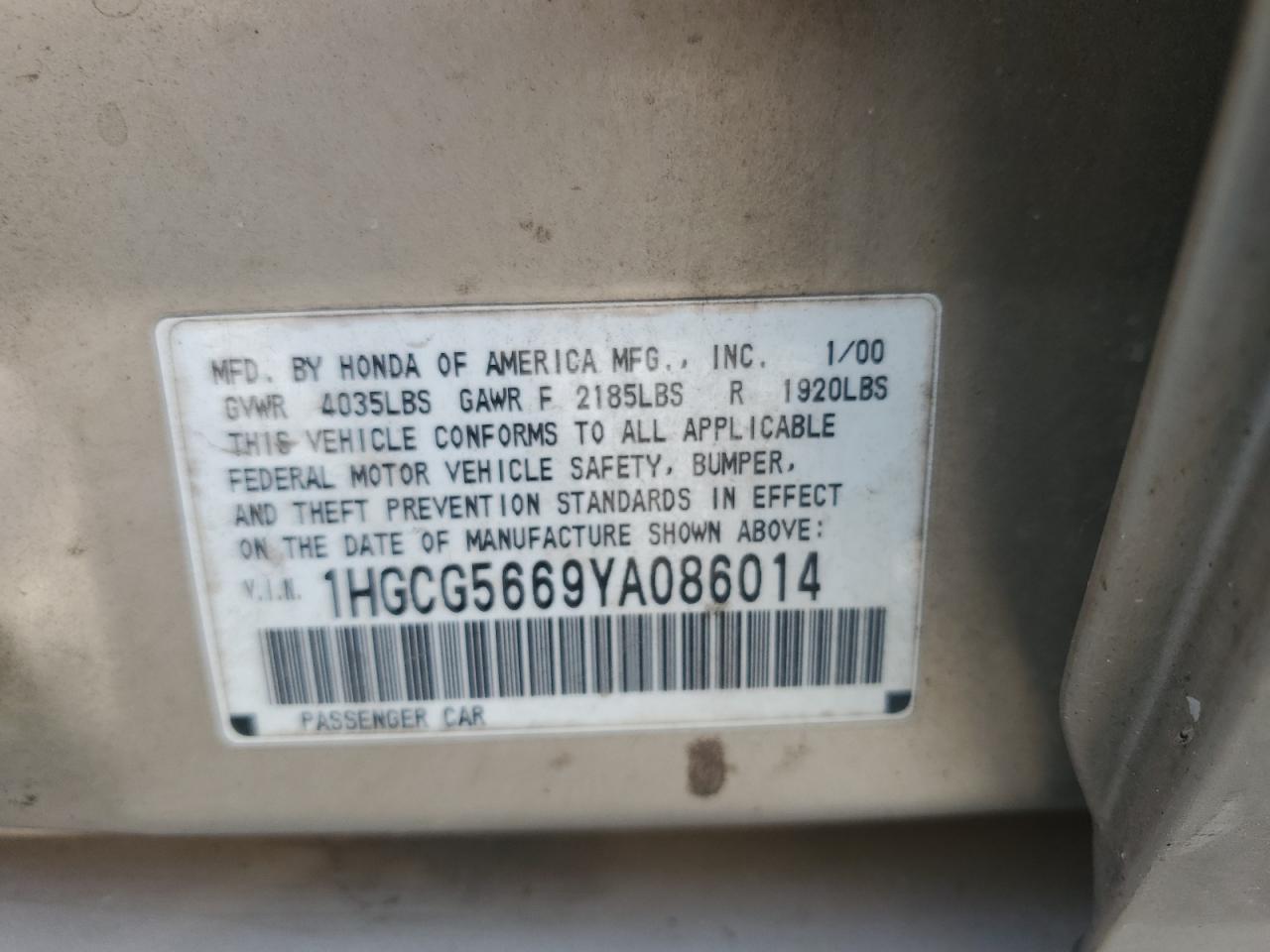 2000 Honda Accord Ex VIN: 1HGCG5669YA086014 Lot: 71929645