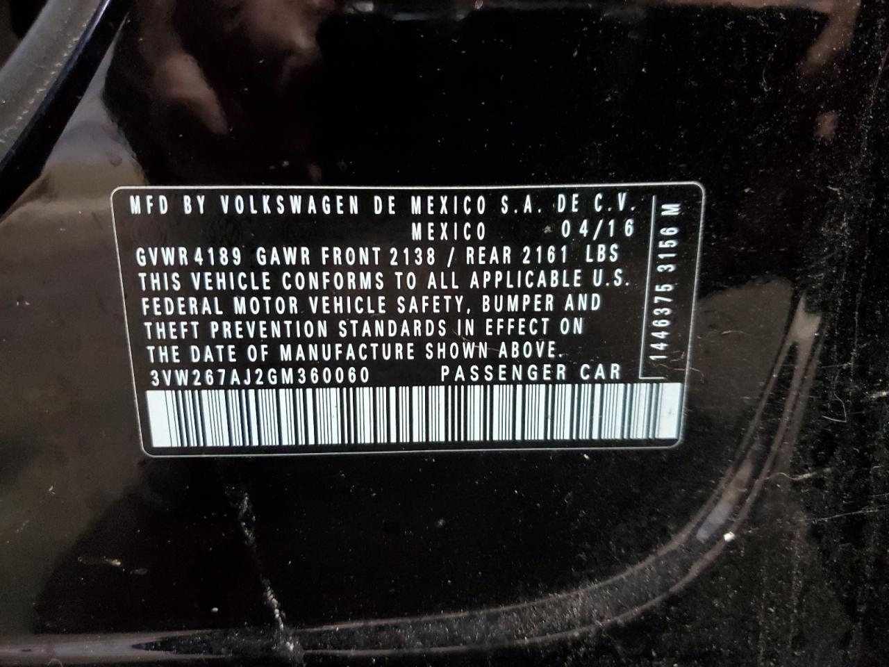 2016 Volkswagen Jetta S VIN: 3VW267AJ2GM360060 Lot: 83997355