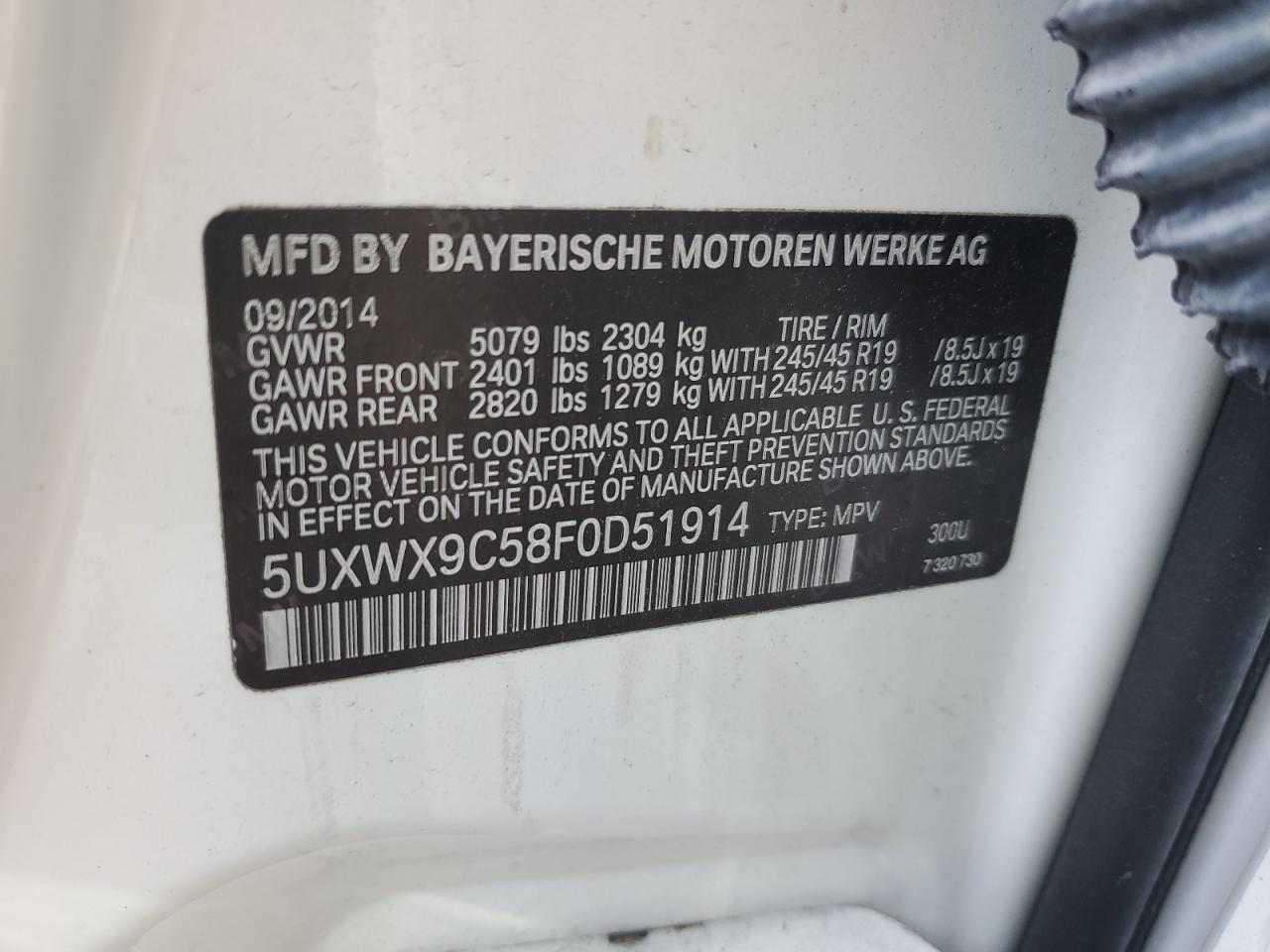 2015 BMW X3 xDrive28I VIN: 5UXWX9C58F0D51914 Lot: 81005805