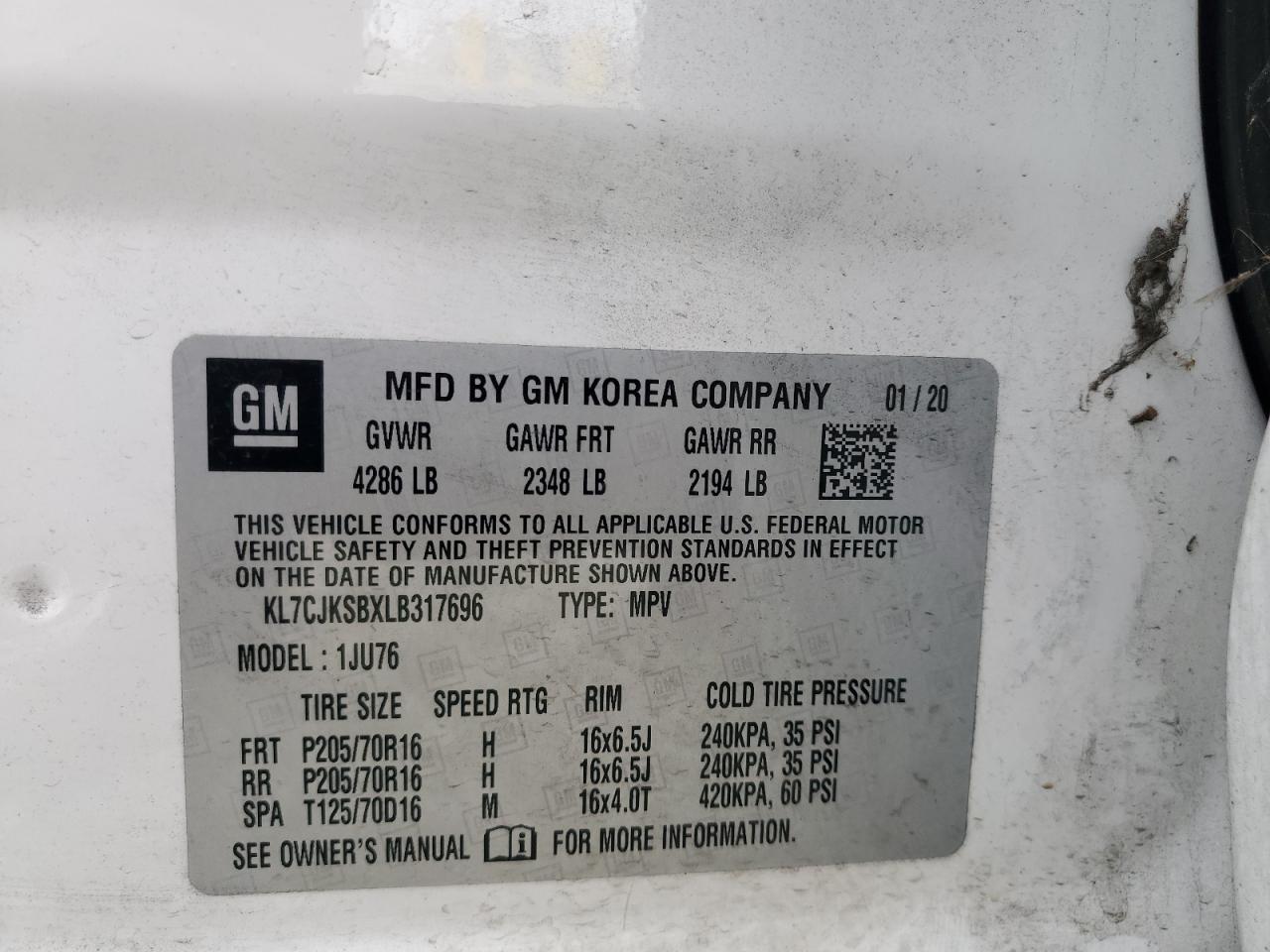 2020 Chevrolet Trax Ls VIN: KL7CJKSBXLB317696 Lot: 71651335