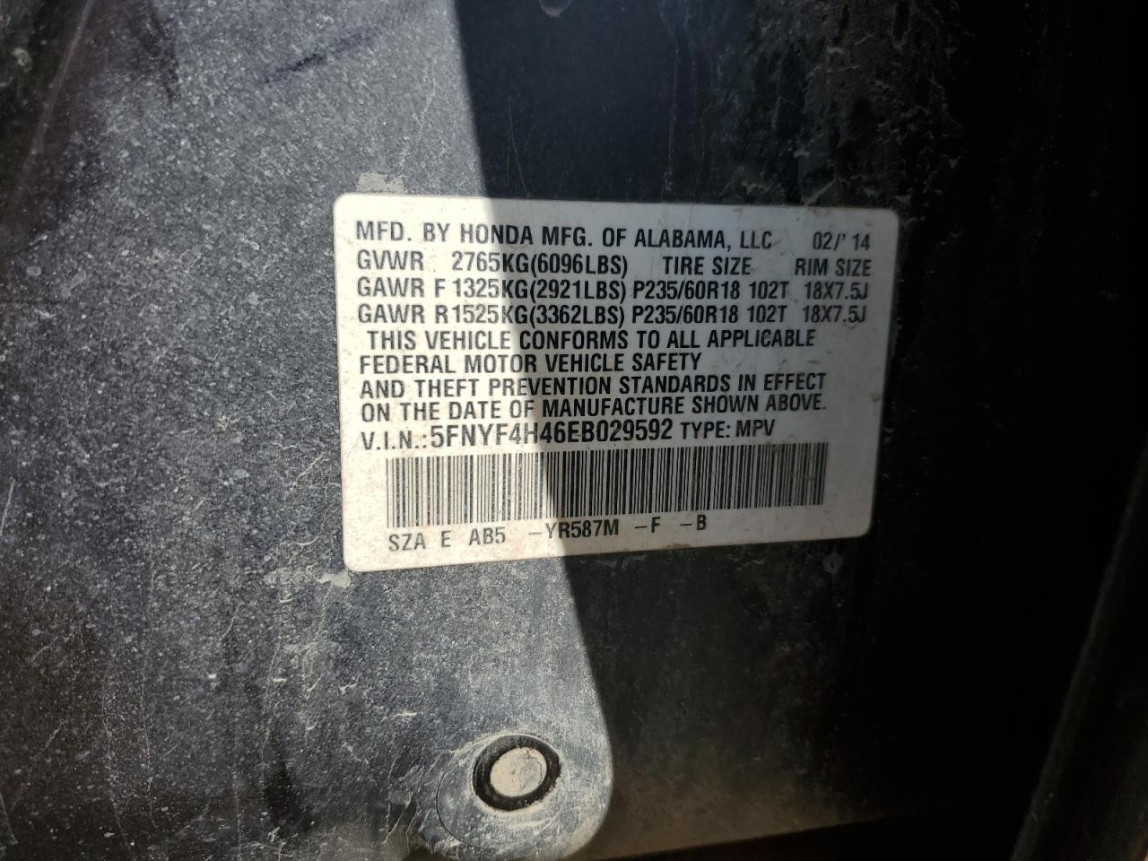 2014 Honda Pilot Ex VIN: 5FNYF4H46EB029592 Lot: 81407155