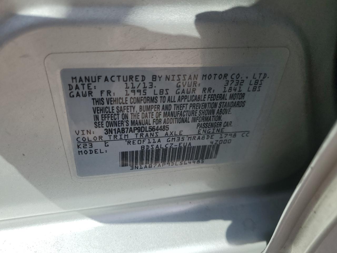 2013 Nissan Sentra S VIN: 3N1AB7AP9DL564485 Lot: 71153625